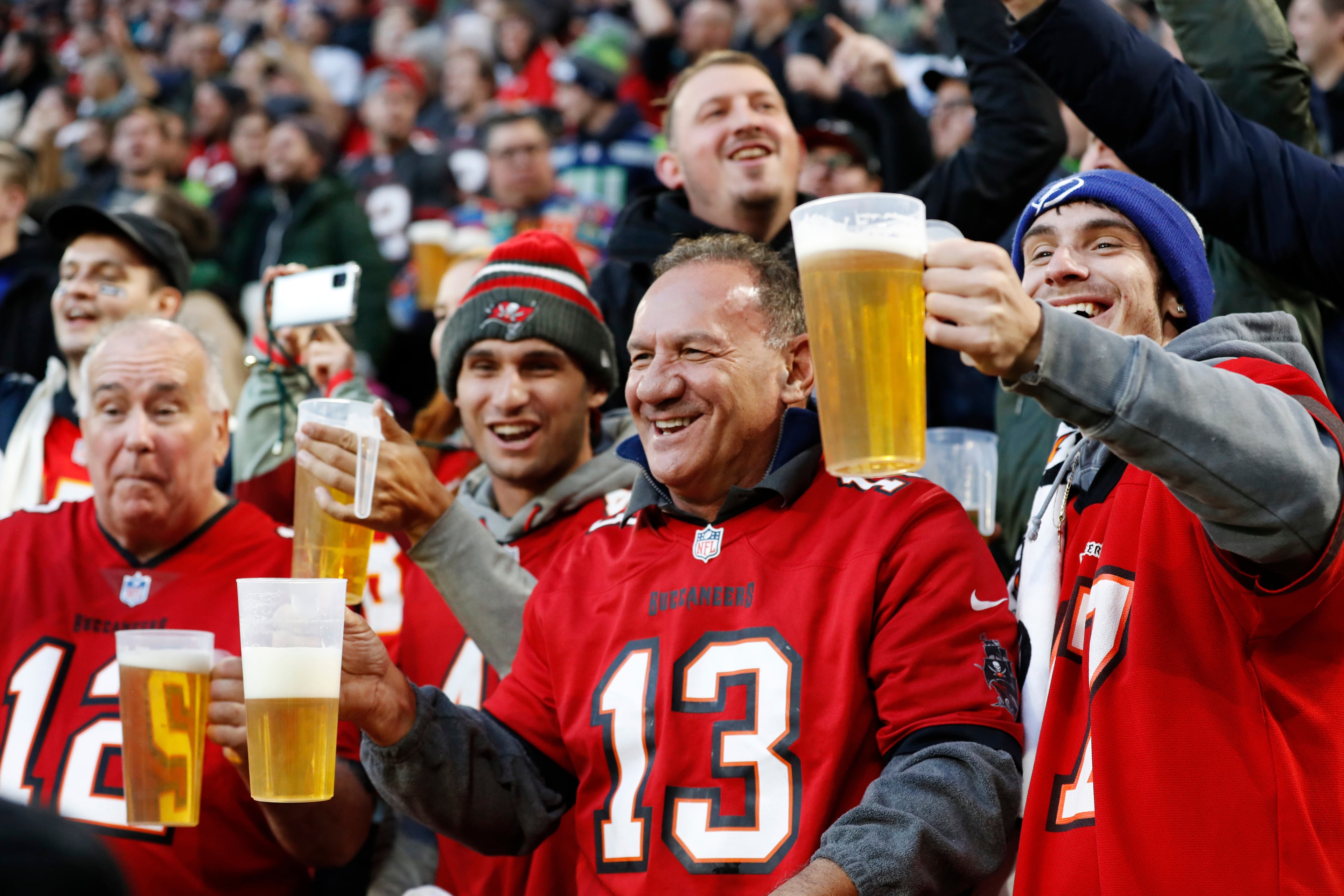 Fans enjoy the local delicacies during a 2023 game in Munich between the Buccaneers and Seahawks.