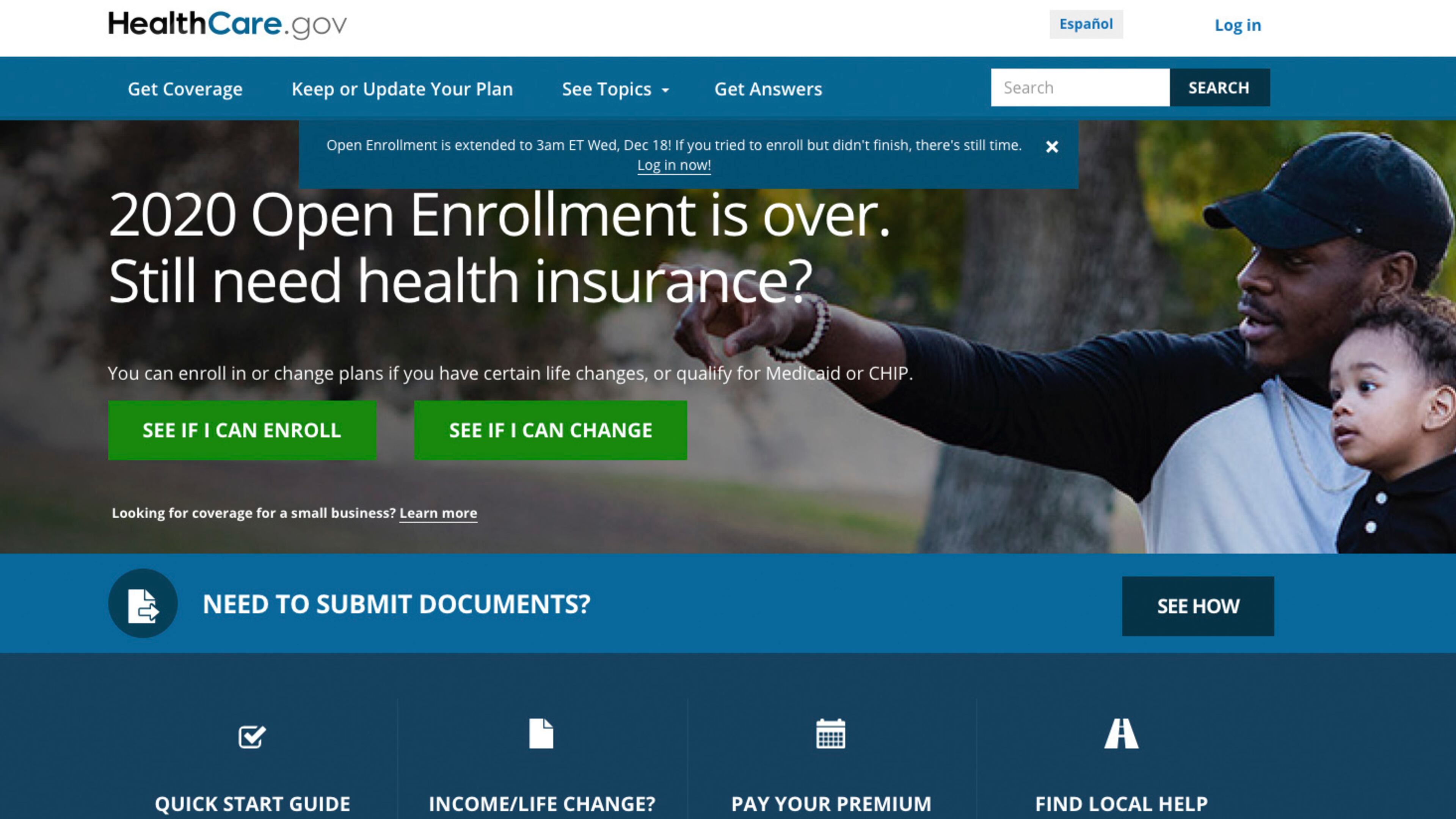 This screen grab from the website HealthCare.gov shows the extended deadline for signing up for health care coverage for 2020.