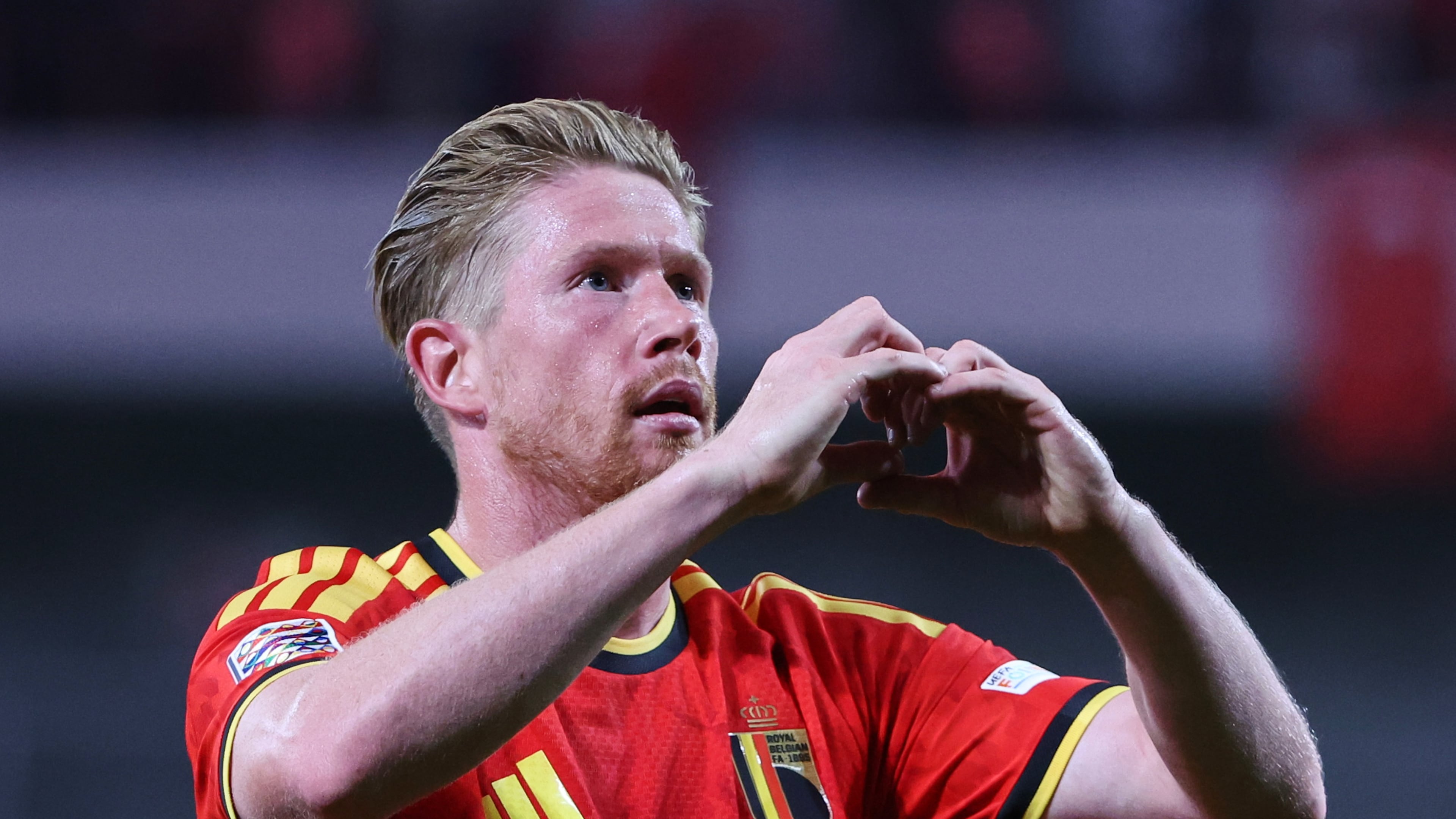 Belgium's Kevin De Bruyne celebrates after scoring his side's second goal during the Nations League soccer match between Belgium and Turkey in Liege, Belgium, Friday, Oct. 2, 2026. (AP Photo/Omar Havana)