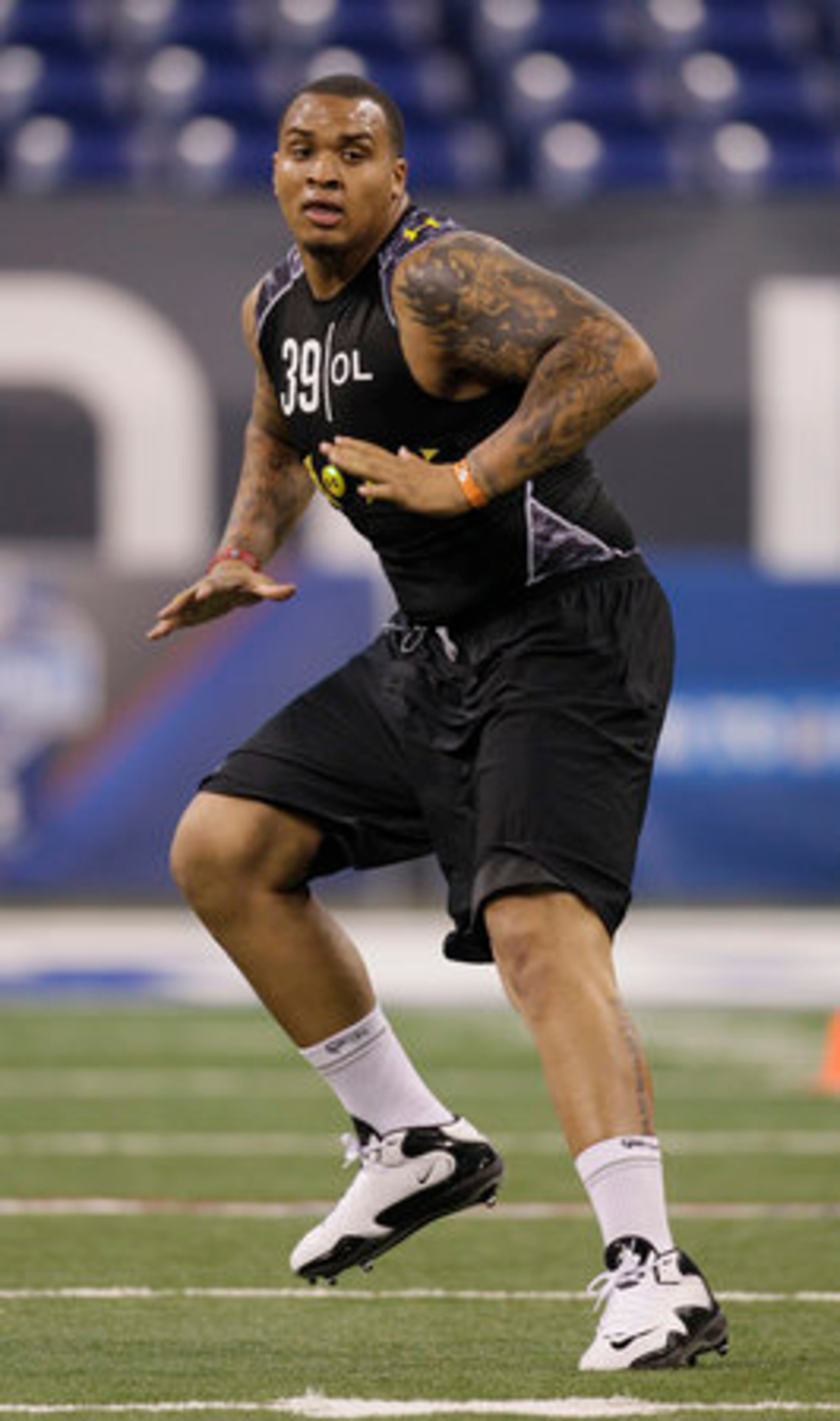 Florida offensive lineman Mike Pouncey takes part in the 20-yard shuttle.