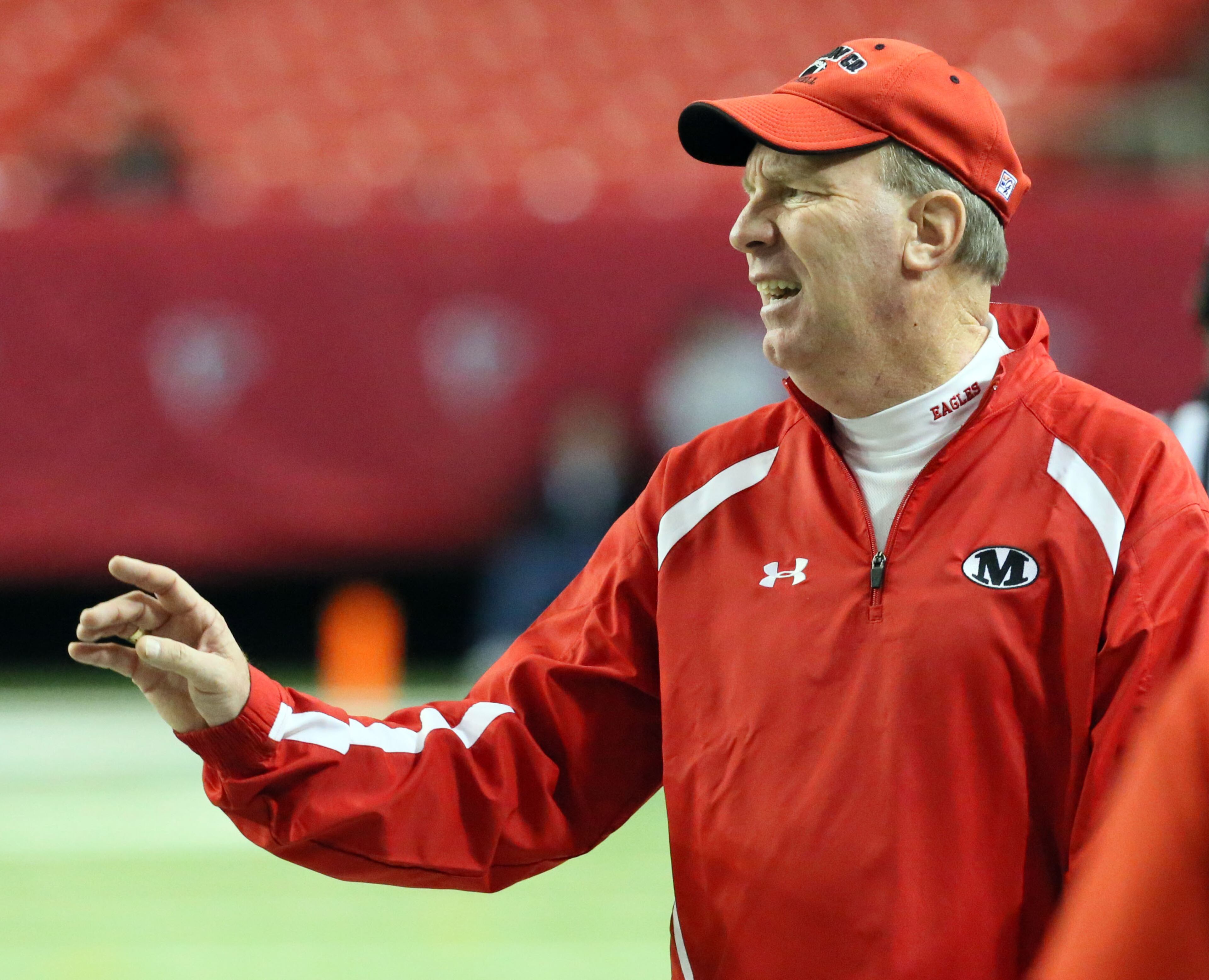Marion County's (Buena Vista, GA) head coach Mike Swaney yells to his players during their game against Charlton County (Folkston) during their GHSA Class A-Public Football Championship at the Georgia Dome in Atlanta on Saturday, December 14, 2013.