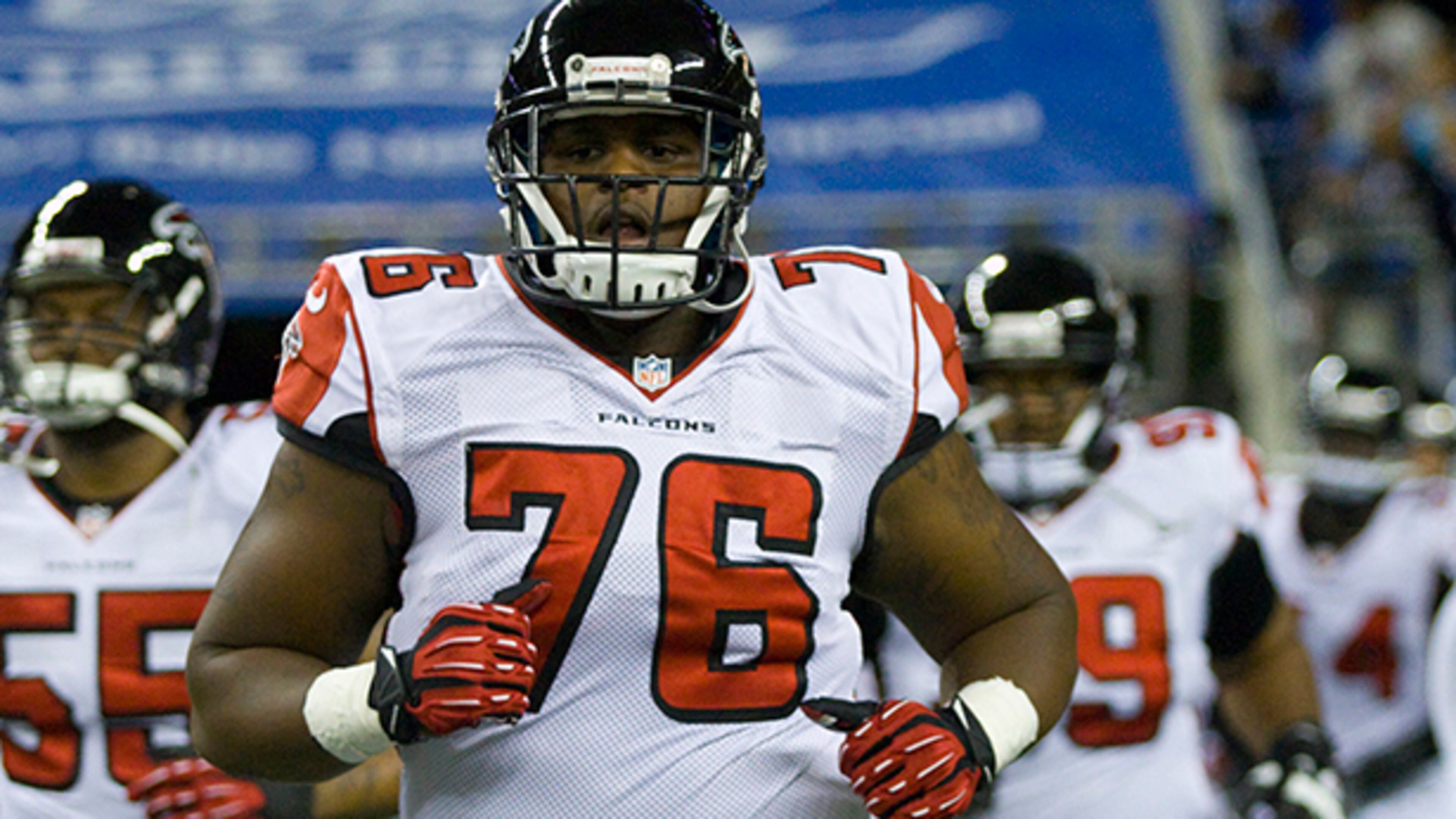 Atlanta Falcons tackle Lamar Holmes (76) runs onto the field before an NFL football game against the Detroit Lions at Ford Field in Detroit, Saturday, Dec. 22, 2012. (AP Photo/Duane Burleson ) FILE PHOTO: Atlanta Falcons tackle Lamar Holmes (76) runs onto the field before an NFL football game against the Detroit Lions at Ford Field in Detroit, Saturday, Dec. 22, 2012. (AP Photo/Duane Burleson )