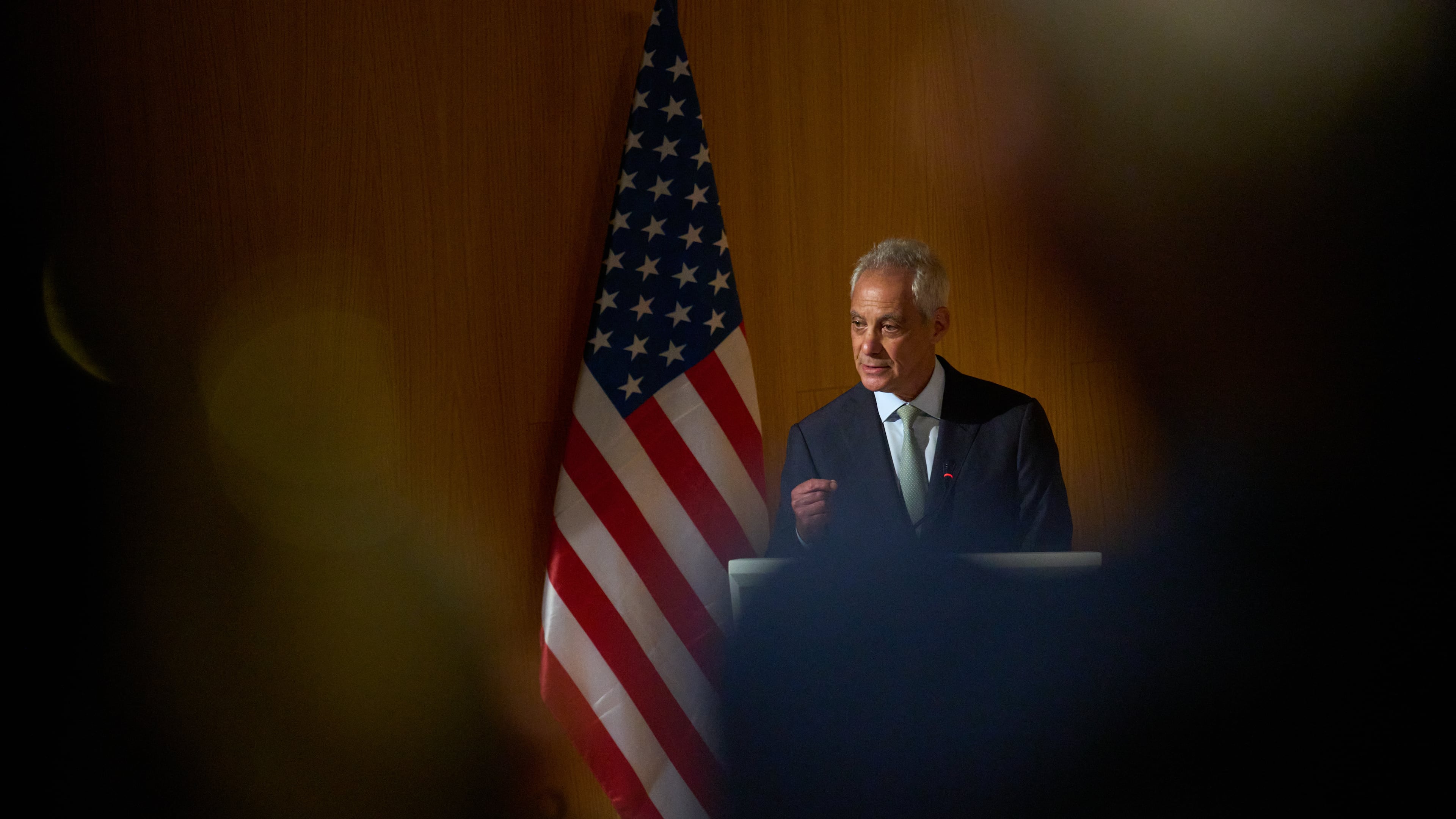 Rahm Emanuel, a potential Democratic presidential candidate and longtime defender of Israel speaks in Tel Aviv University, Israel , Wednesday, July 8, 2026. (AP Photo/Ariel Schalit)