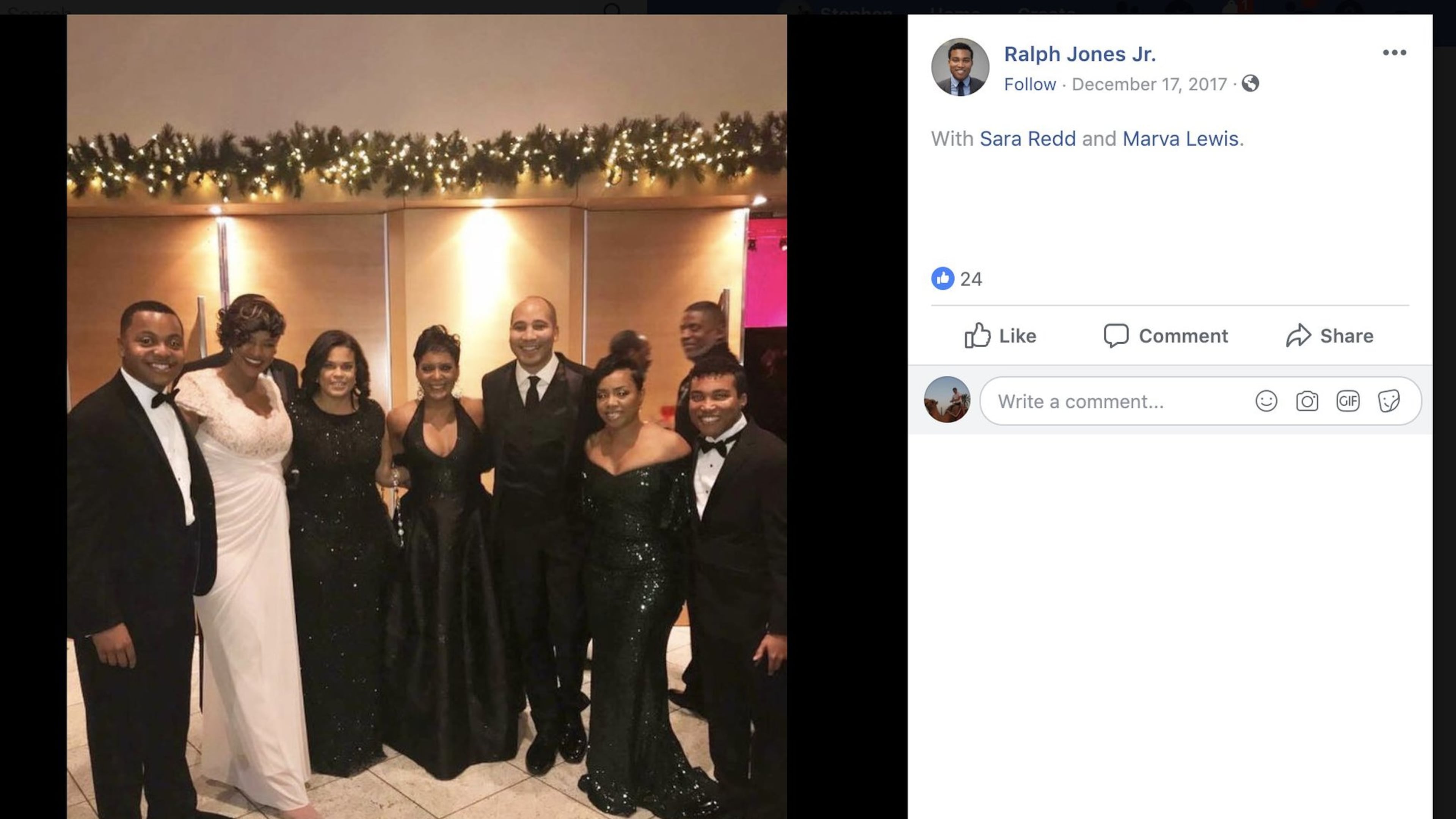 Mayor-elect Keisha Lance Bottoms (center) and key campaign staff at a holiday fundraiser, 12 days after her Dec. 5, 2017, runoff election. From left to right: Justin Edge, Sara Redd, Marva Lewis, Bottoms, Malik Brown, Phillana Williams and Ralph Jones Jr. Edge, Lewis, Brown, Williams and Jones were five of the six members of Bottoms transition team issued city paychecks for December 2017, a period before they were officially offered city jobs. Redd went to work in Bottoms’ administration in January 2018. Source: Facebook