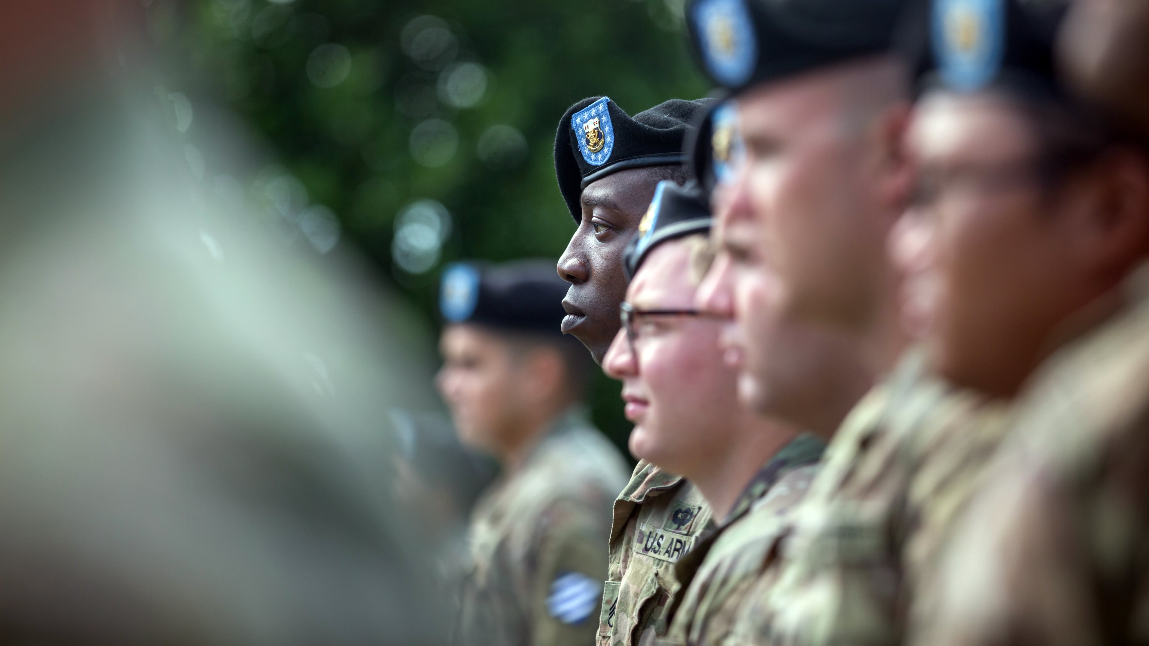 FT. STEWART, GA - MAY 20, 2021: A group of third Infantry Division soldier stand at attention during a ceremony to Sergeant First Class Alwyn Cashe. (AJC Photo/Stephen B. Morton)