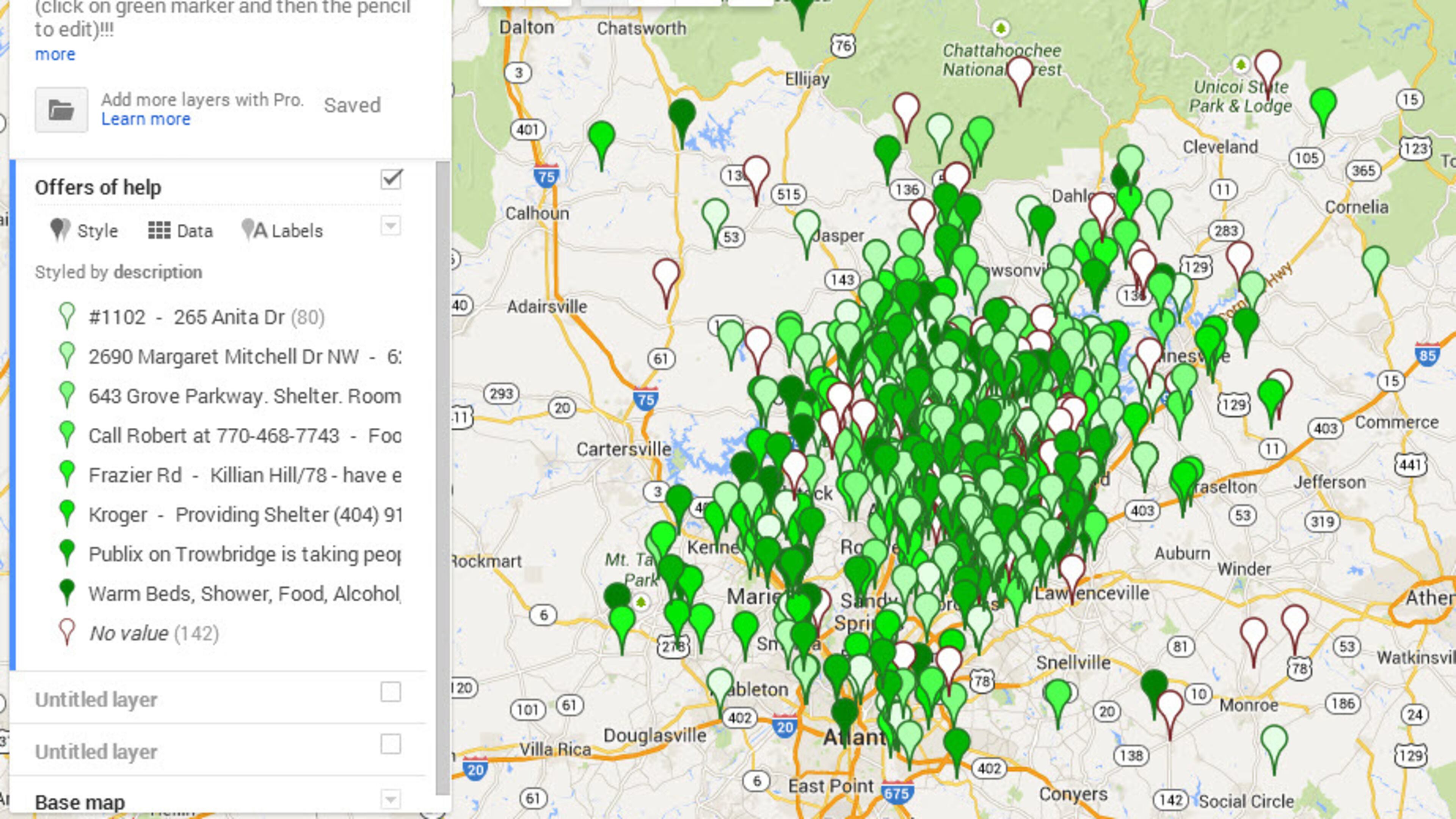 This map featured on the Facebook page “SnowedOutAtlanta” uses crowdsourcing — soliciting aid from a large source of people, particularly those online — to match motorists stranded in the snow storm with good Samaritans willing to help or offer shelter.