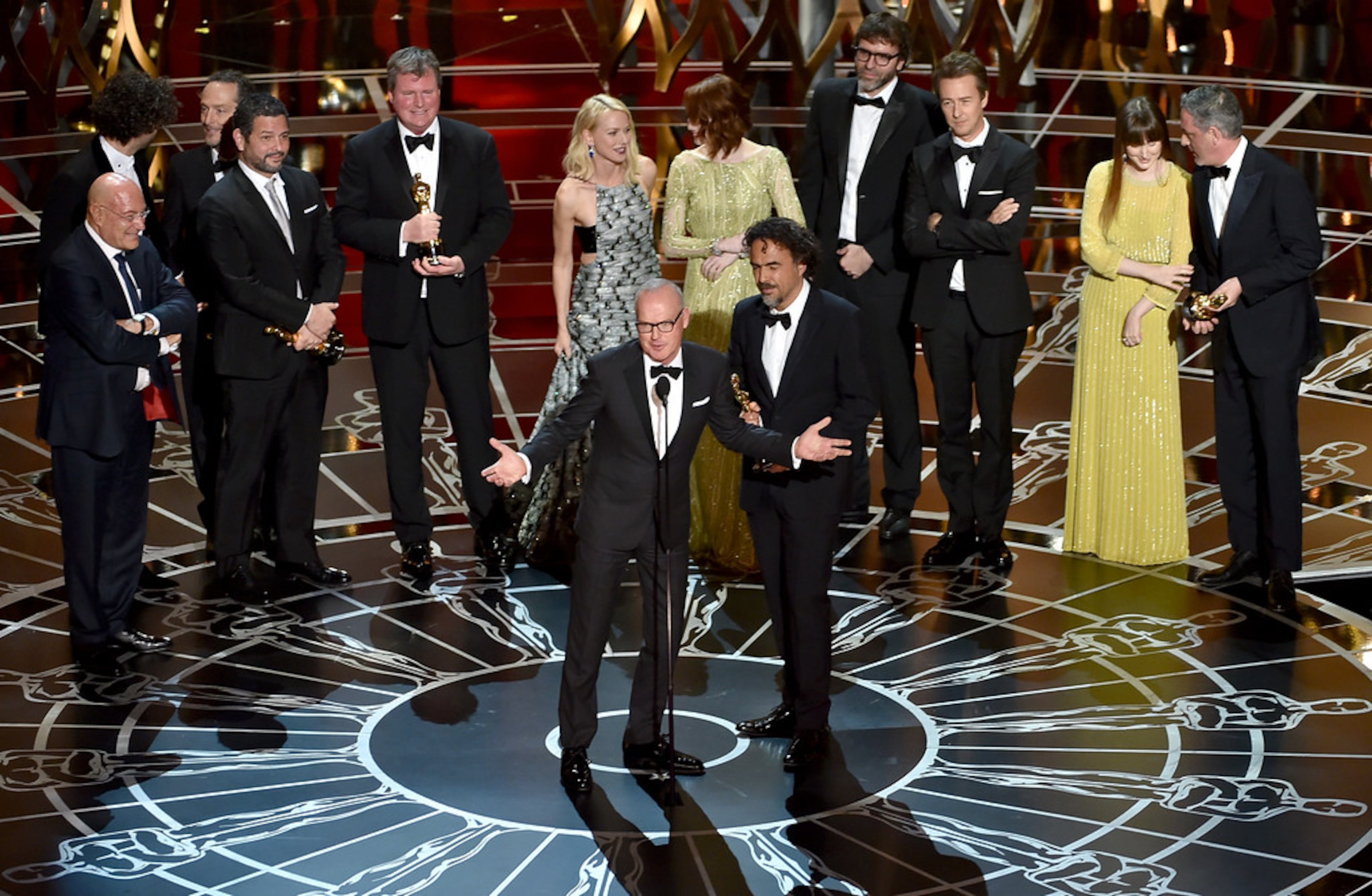 "HOLLYWOOD, CA - FEBRUARY 22: Actor Michael Keaton and director Alejandro Gonzalez Inarritu (both C) with cast and crew accept the Best Picture award for 'Birdman' onstage during the 87th Annual Academy Awards at Dolby Theatre on February 22, 2015 in Hollywood, California. (Photo by Kevin Winter/Getty Images)" Actor Michael Keaton, center, and director Alejandro Gonzalez Inarritu and cast and crew accept the Best Picture award for "Birdman" onstage during the 87th annual Academy Awards on Feb. 22. Photo by Kevin Winter/Getty Images