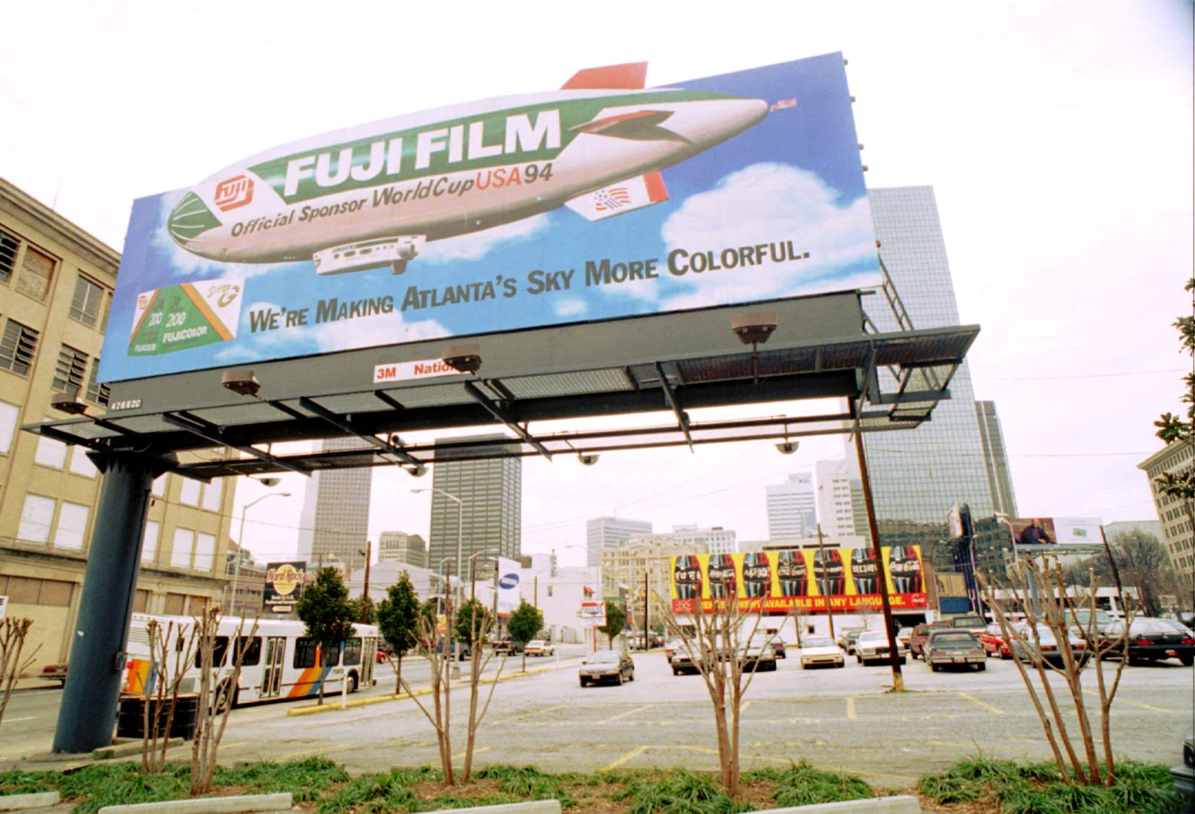 A billboard rises above the streets of downtown Atlanta on Jan. 27, 1995.