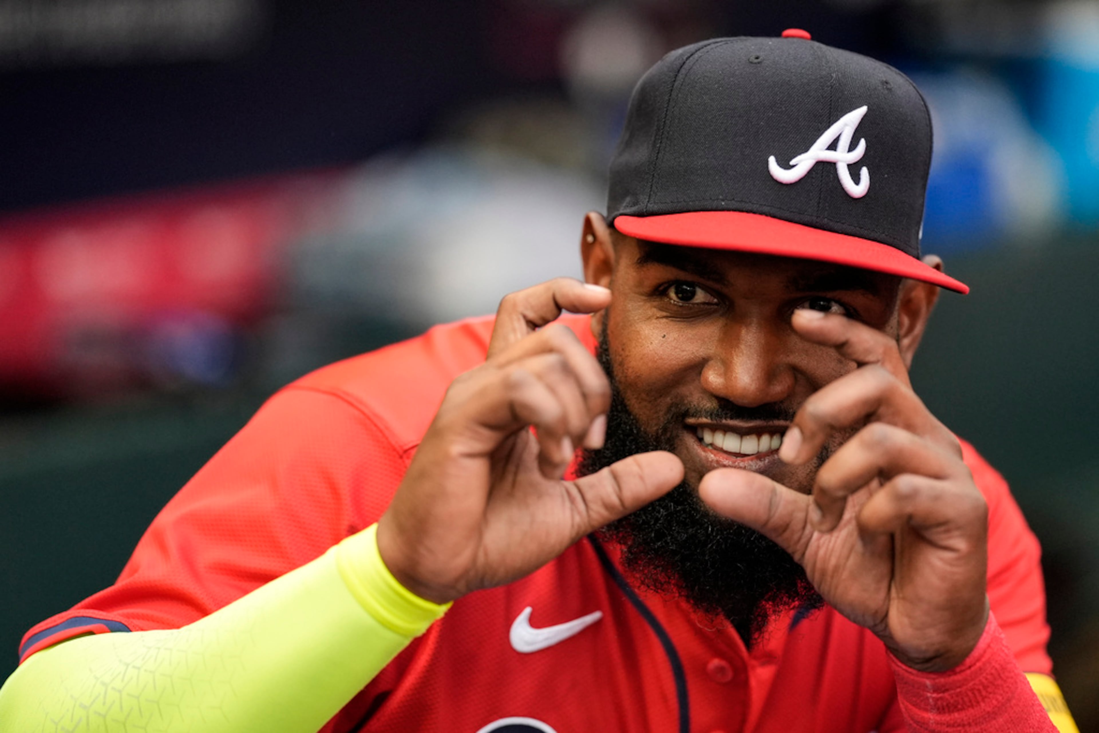 Atlanta Braves designated hitter Marcell Ozuna (20) looks at the first base well before a baseball game between the Atlanta Braves and the Cleveland Guardians, Friday, April 26, 2024, in Atlanta. (AP Photo/Mike Stewart)