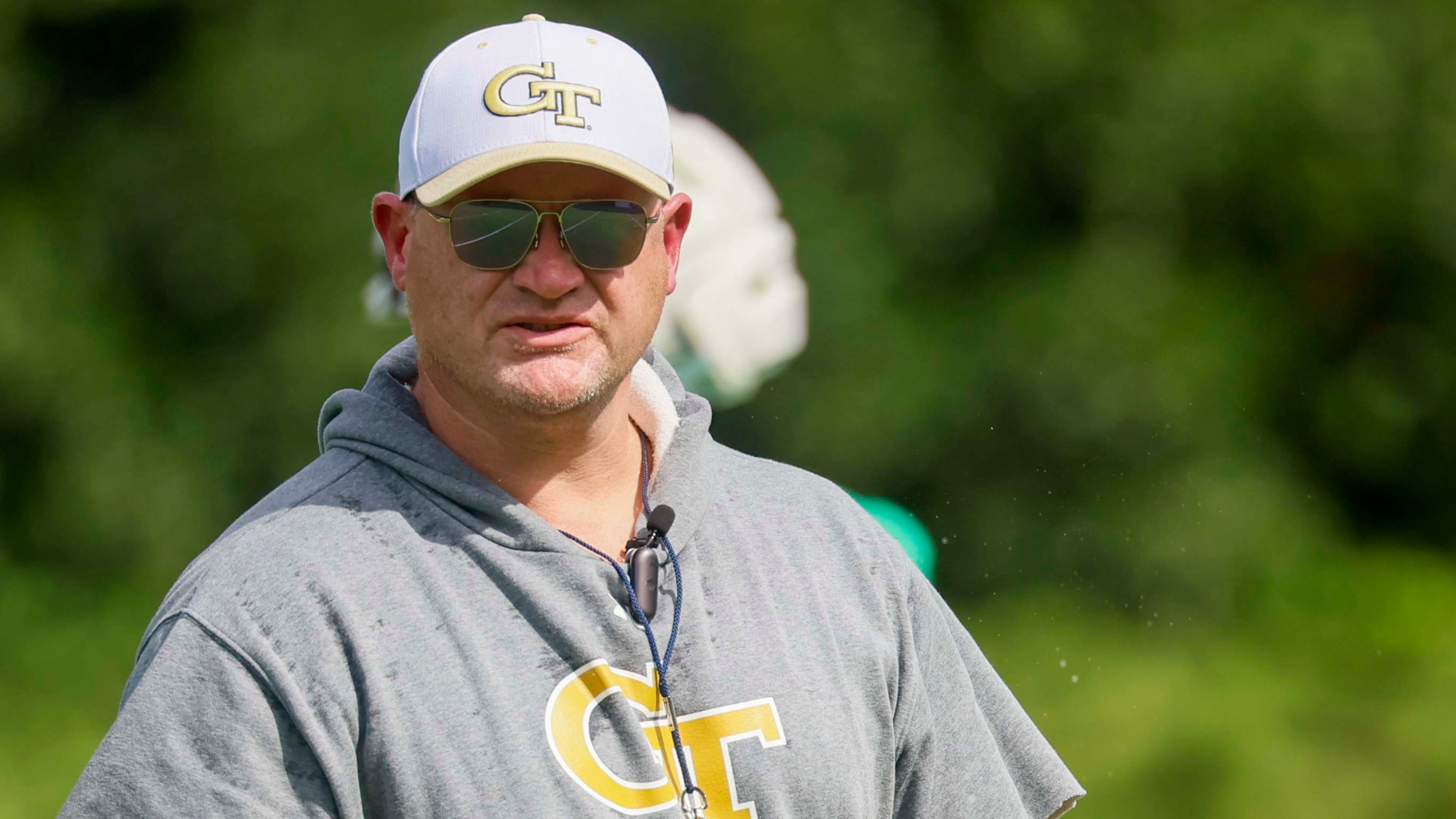 Georgia Tech coach Brent Key observes the offense practicing during the first day of training at Rose Bowl Field and the Brock Football Practice Facility on Monday, Aug. 3, 2026, in Atlanta. (Miguel Martinez/AJC)