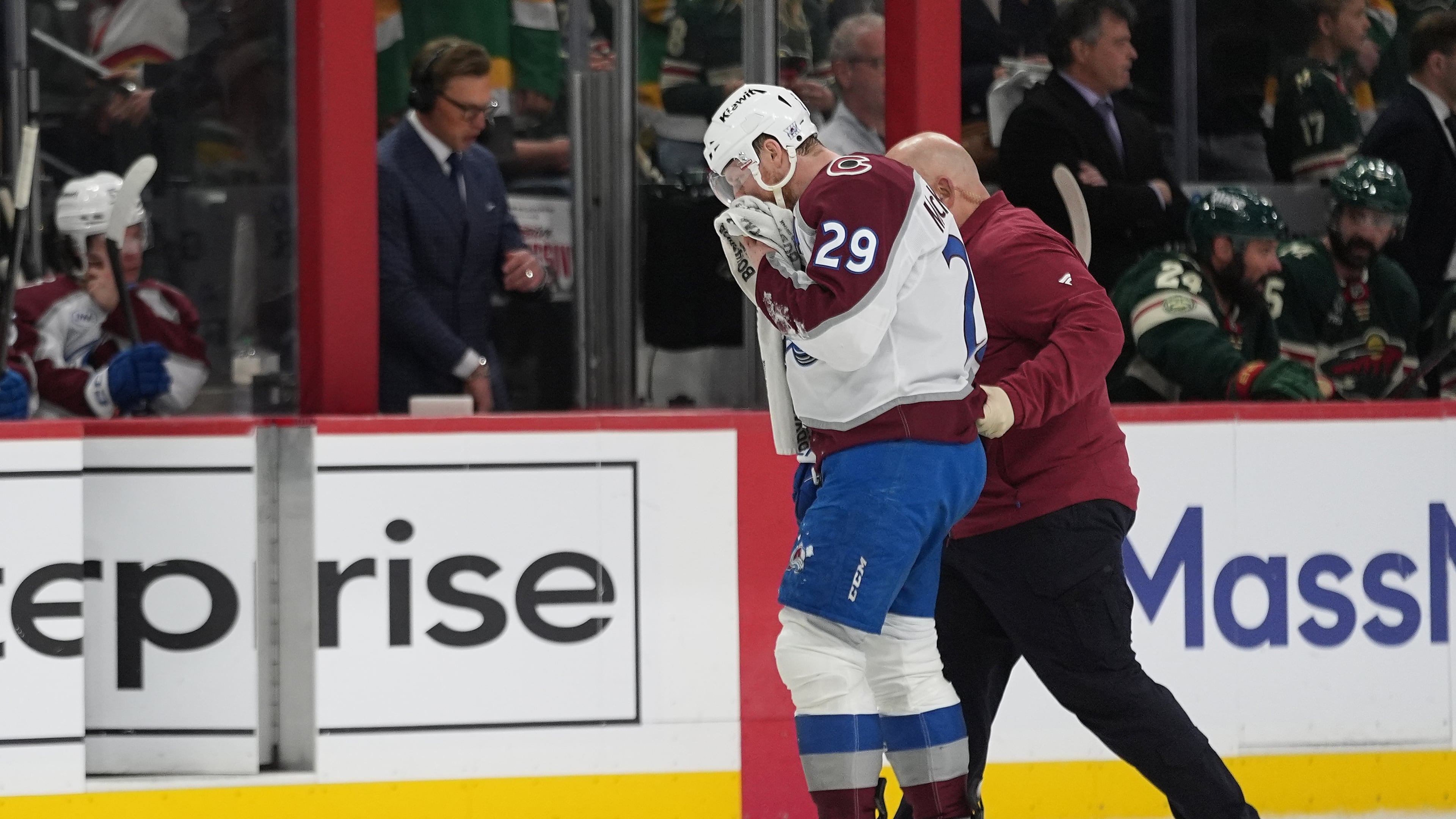 Colorado Avalanche center Nathan MacKinnon (29) leaves the ice during the second period of Game 4 in an NHL Stanley Cup hockey second-round playoff series against the Minnesota Wild Monday, May 11, 2026, in St. Paul, Minn. (AP Photo/Abbie Parr)