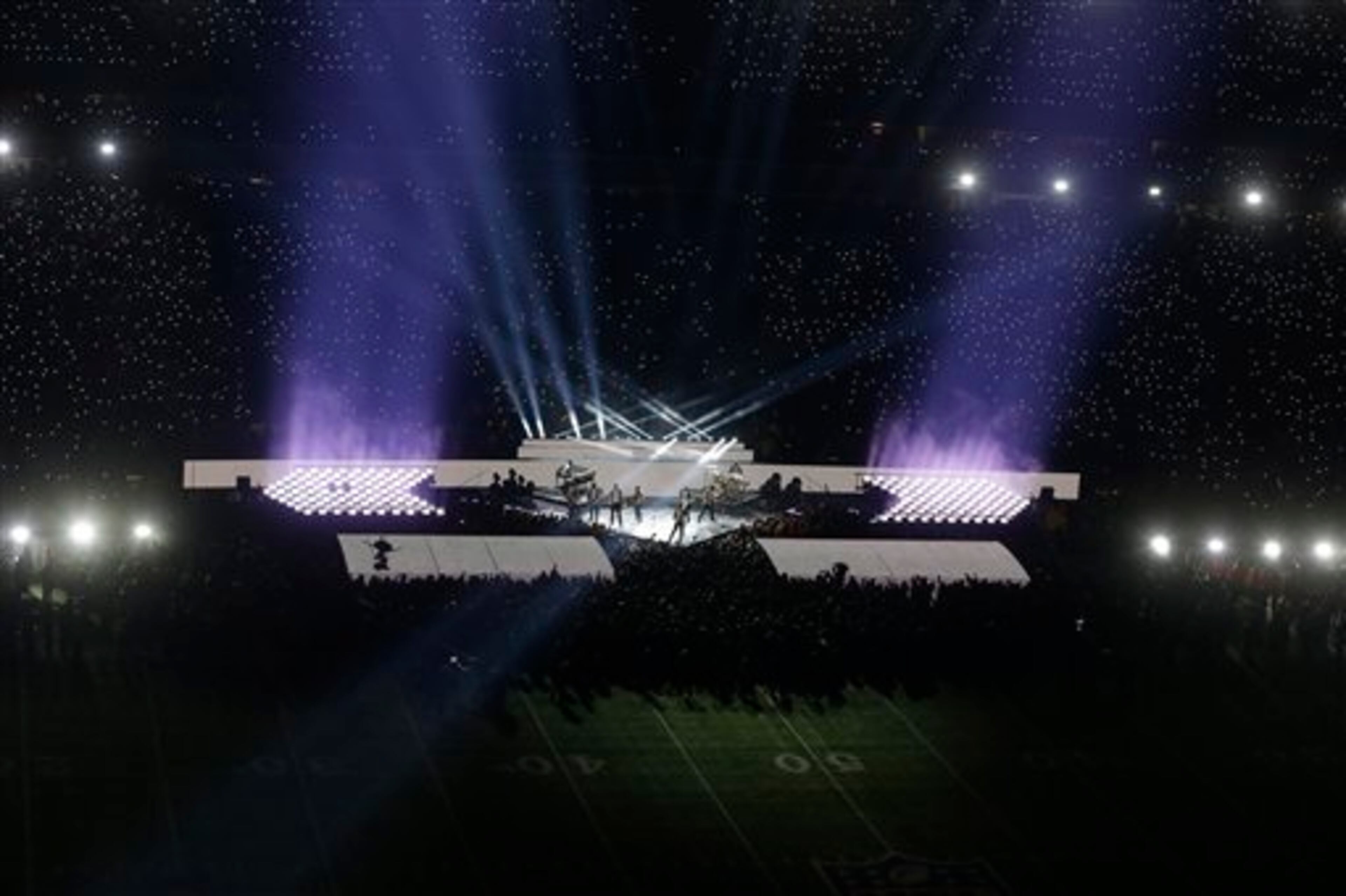 Bruno Mars performs during the halftime show of the NFL Super Bowl XLVIII football game between the Seattle Seahawks and the Denver Broncos Sunday, Feb. 2, 2014, in East Rutherford, N.J. (AP Photo/Mel Evans)