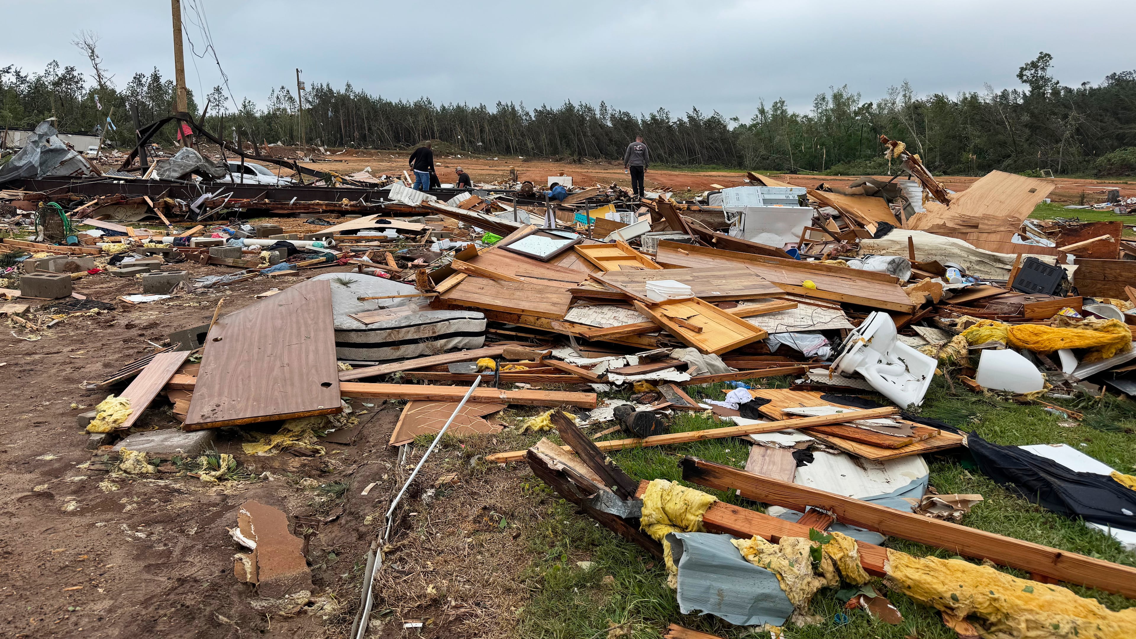 Damage to Gene’s Mobile Home Supply, a trailer park in Bogue Chitto, Miss., is seen Thursday, May, 7, 2026, after a tornado cut across the state. (AP Photo/Jack Brook)