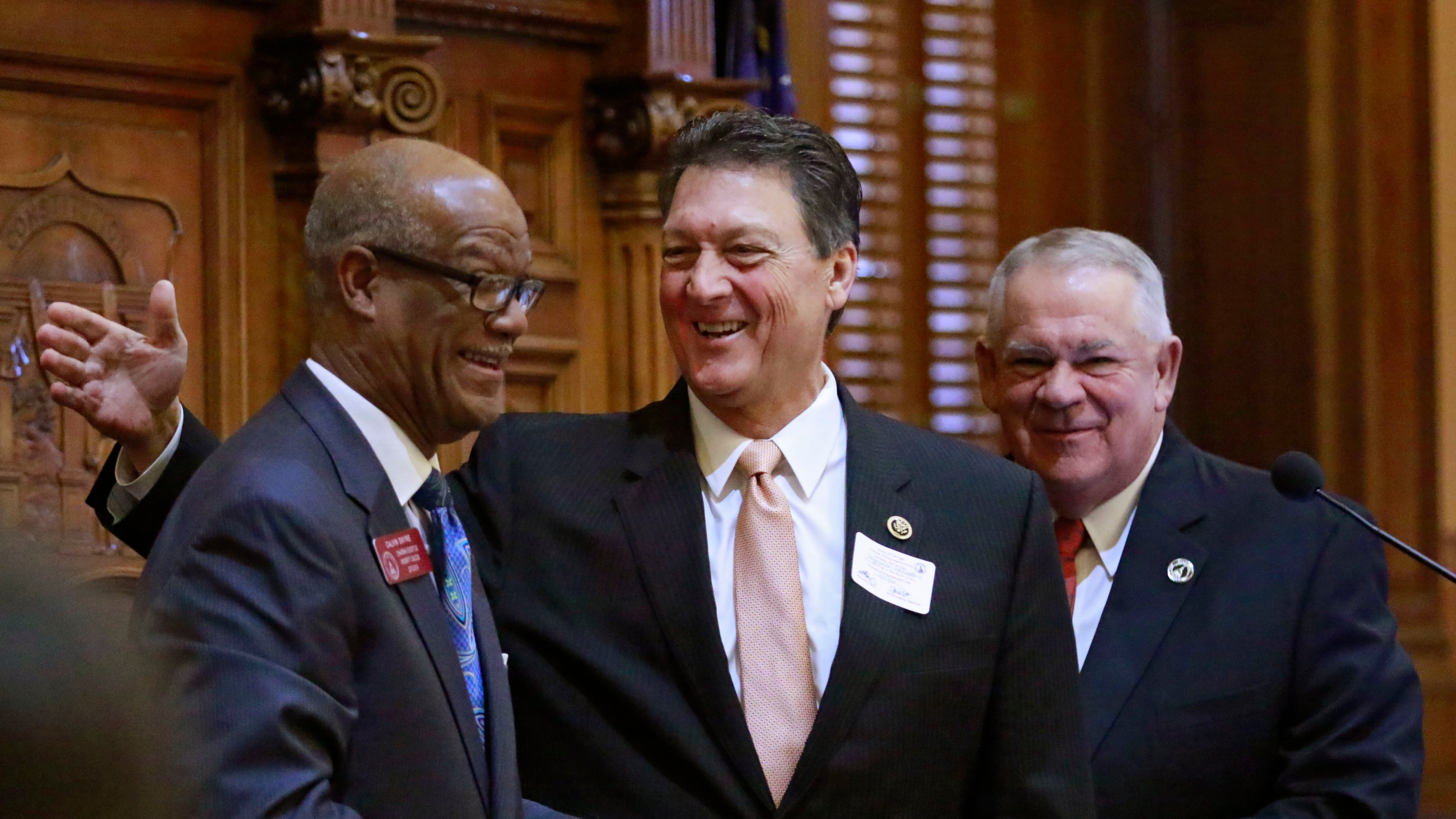 Jan. 14, 2016 - Atlanta - U.S. Rep. Lynn Westmoreland, who served in the Georgia House in 1993, was introduced by Rep. Calvin Smyre (left), D - Columbus, as a guest speaker, as Speaker of the House David Ralston looks on. Westmoreland, who has announced he is not running for reelection to congress. Activity in the House and Senate was mostly ceremonial today. Deal administration officials (Chief of Staff Chris Riley and Office of Planning and Budget Director Theresa MacCartney) held a briefing on the FY17 budget and members of the Georgia House Democratic Caucus released it's 2016 legislative agenda. BOB ANDRES / BANDRES@AJC.COM