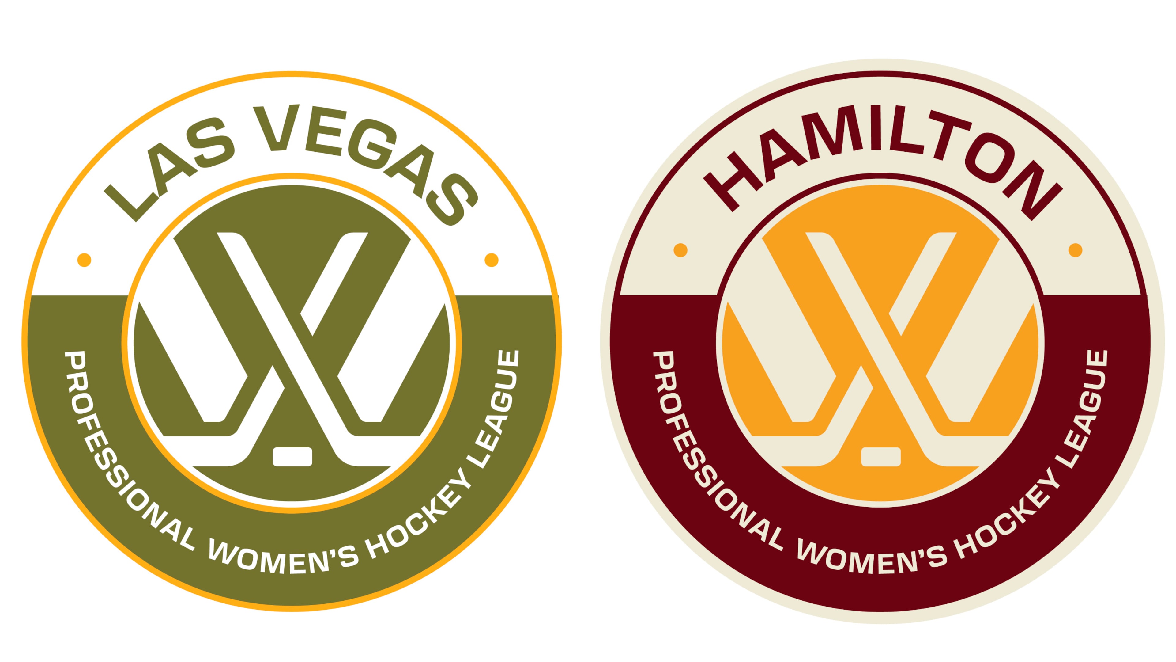 This combo of images provided by the PWHL shows the badges for the league's new women's hockey teams in Las Vegas and Hamilton, Ontario. (PWHL via AP)