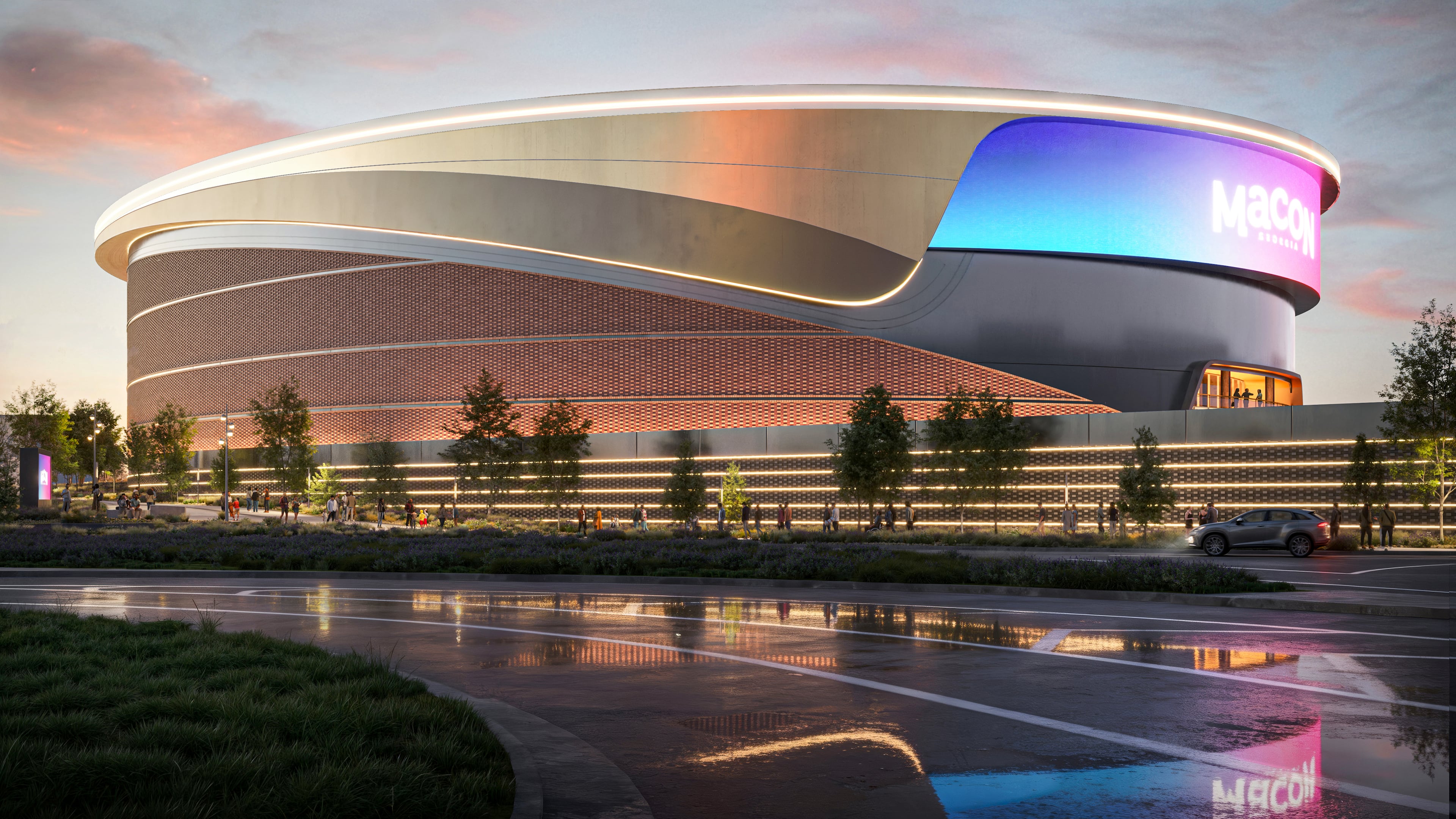 Rendering of Macon's planned new arena, which is expected to open in summer 2028. The $350 million venue along I-16 will have 10,000-plus capacity and replace the nearly 60-year-old Macon Coliseum. (Macon-Bibb County)