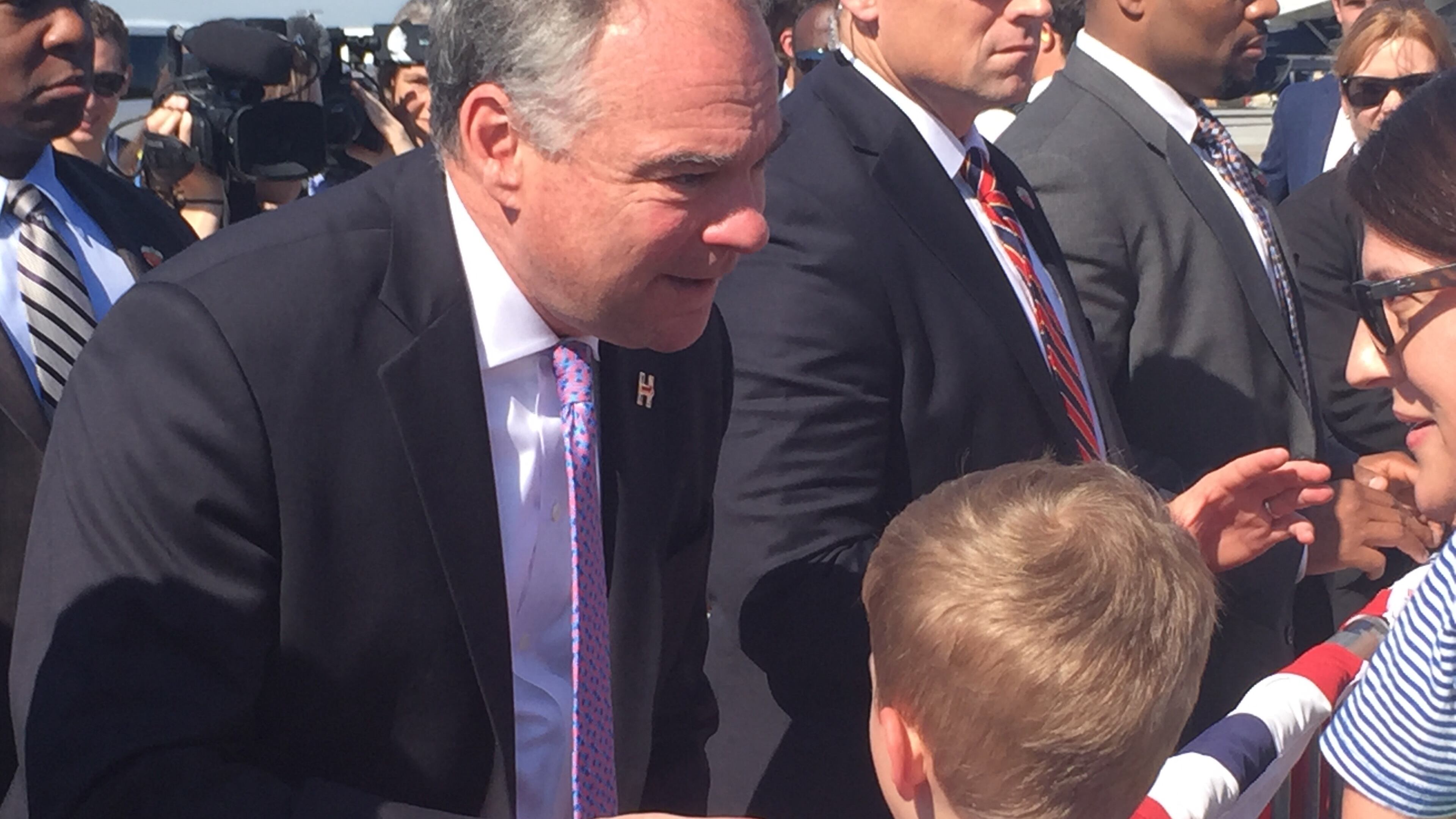 U.S. Sen. Tim Kaine, D-Virginia, the 2016 Democratic vice presidential nominee, greets supporters at Hartsfield-Jackson International Airport on Sunday, Sept. 25. AARON GOULD SHEININ / ASHEININ@AJC.COM