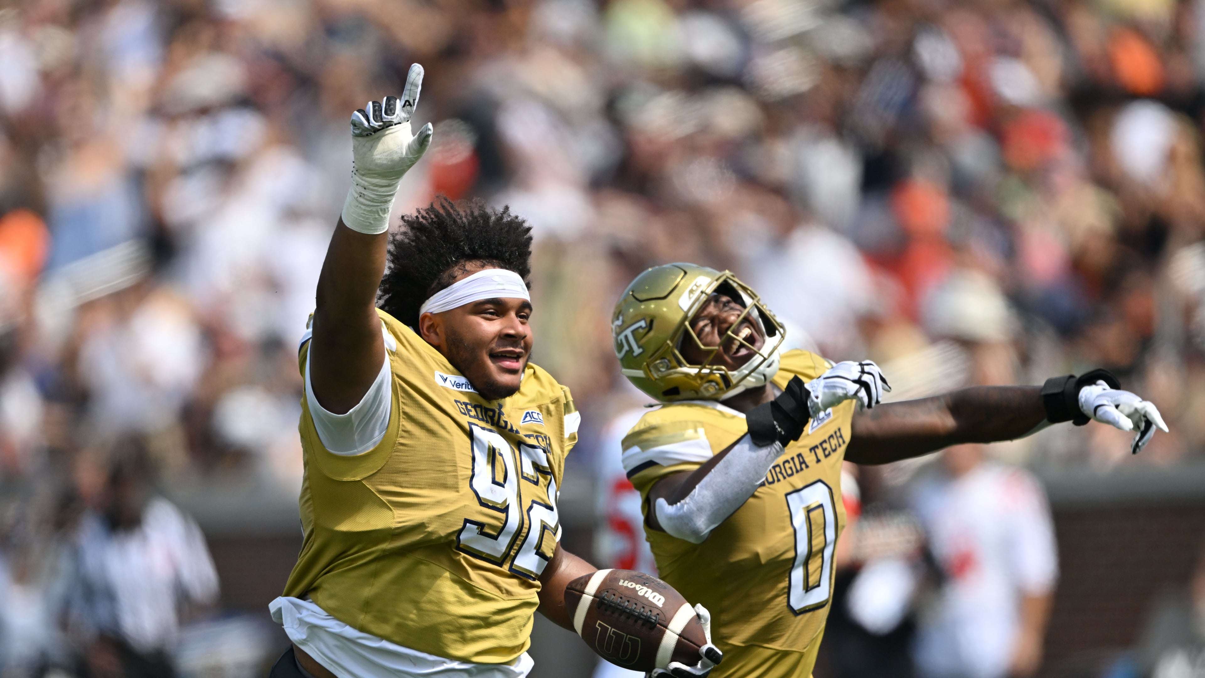 Georgia Tech defensive lineman Christian Speakman celebrates after recovering a fumble during the first half in an NCAA college football game at Bobby Dodd Stadium on Saturday, Sept. 19, 2026, in Atlanta. (Hyosub Shin/AJC)
