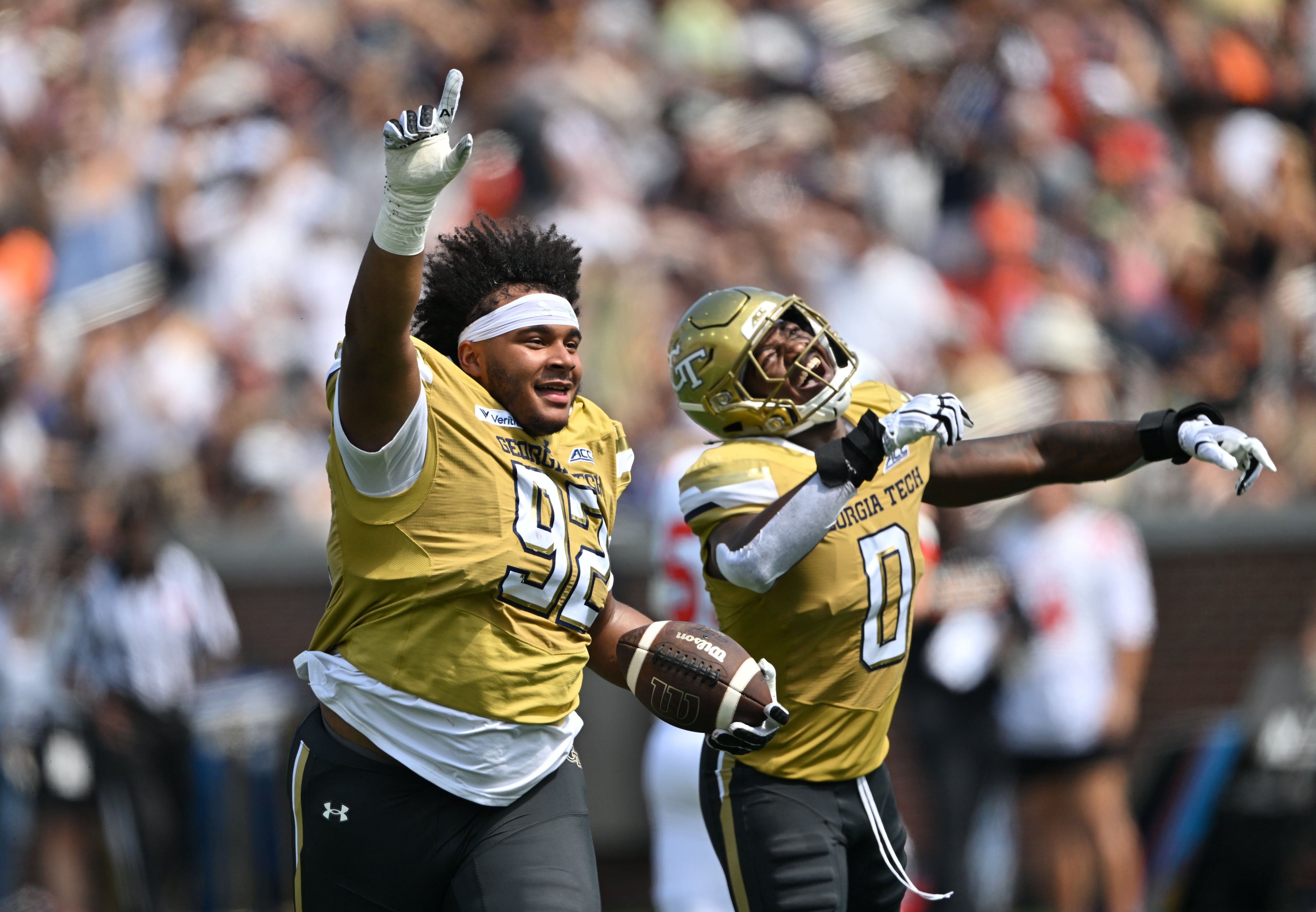 Georgia Tech defensive lineman Christian Speakman (92) celebrates after recovering a fumble during the first half in an NCAA college football game at Bobby Dodd Stadium on Saturday, Sept. 19, 2026, in Atlanta. (Hyosub Shin/AJC)
