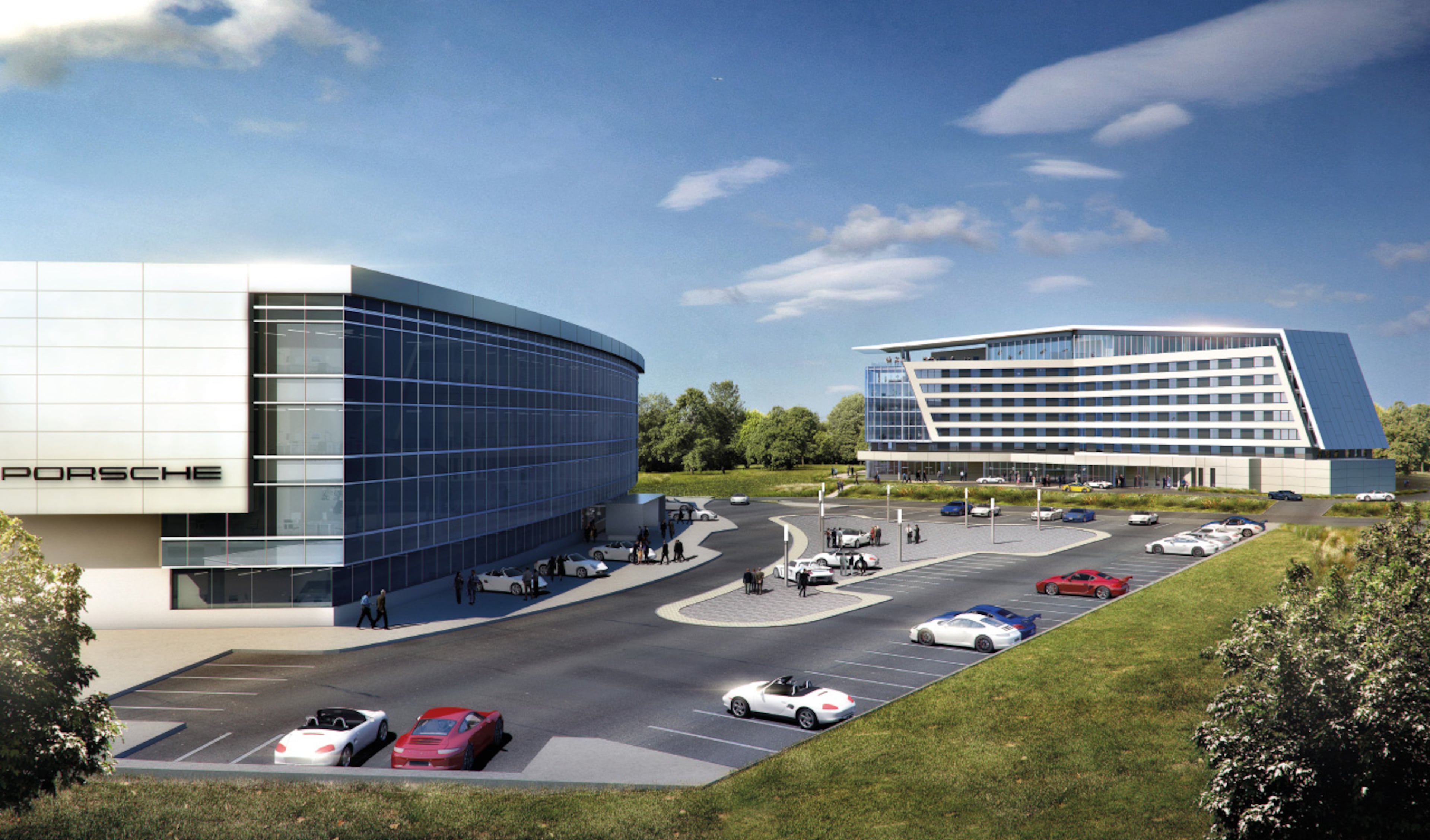 This rendering of the Porsche Cars North America headquarters near the Atlanta airport, left, shows where the new Solis hotel would be located. Hapeville Mayor Hallman sees the development of an “aerotropolis” gaining momentum with the hotel ground-breaking.