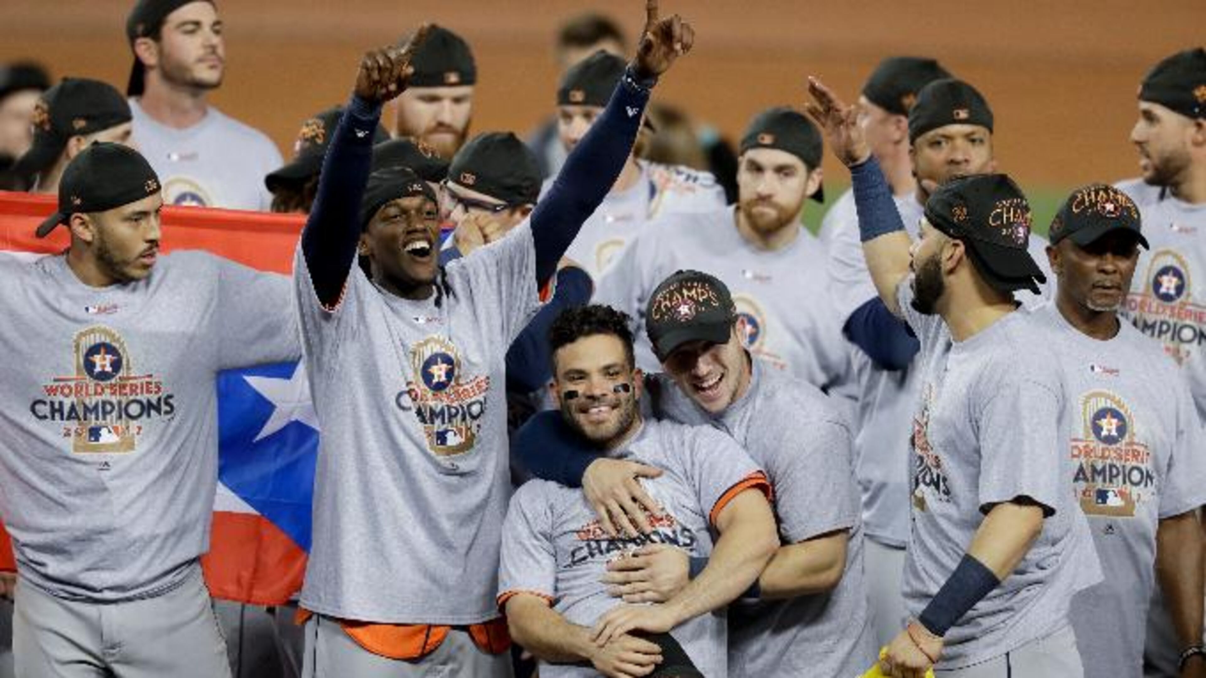 The Houston Astros celebrate after their win against the Los Angeles Dodgers in Game 7 of baseball's World Series Wednesday, Nov. 1, 2017, in Los Angeles. The Astros won 5-1 to win the series 4-3. (AP Photo/Alex Gallardo)