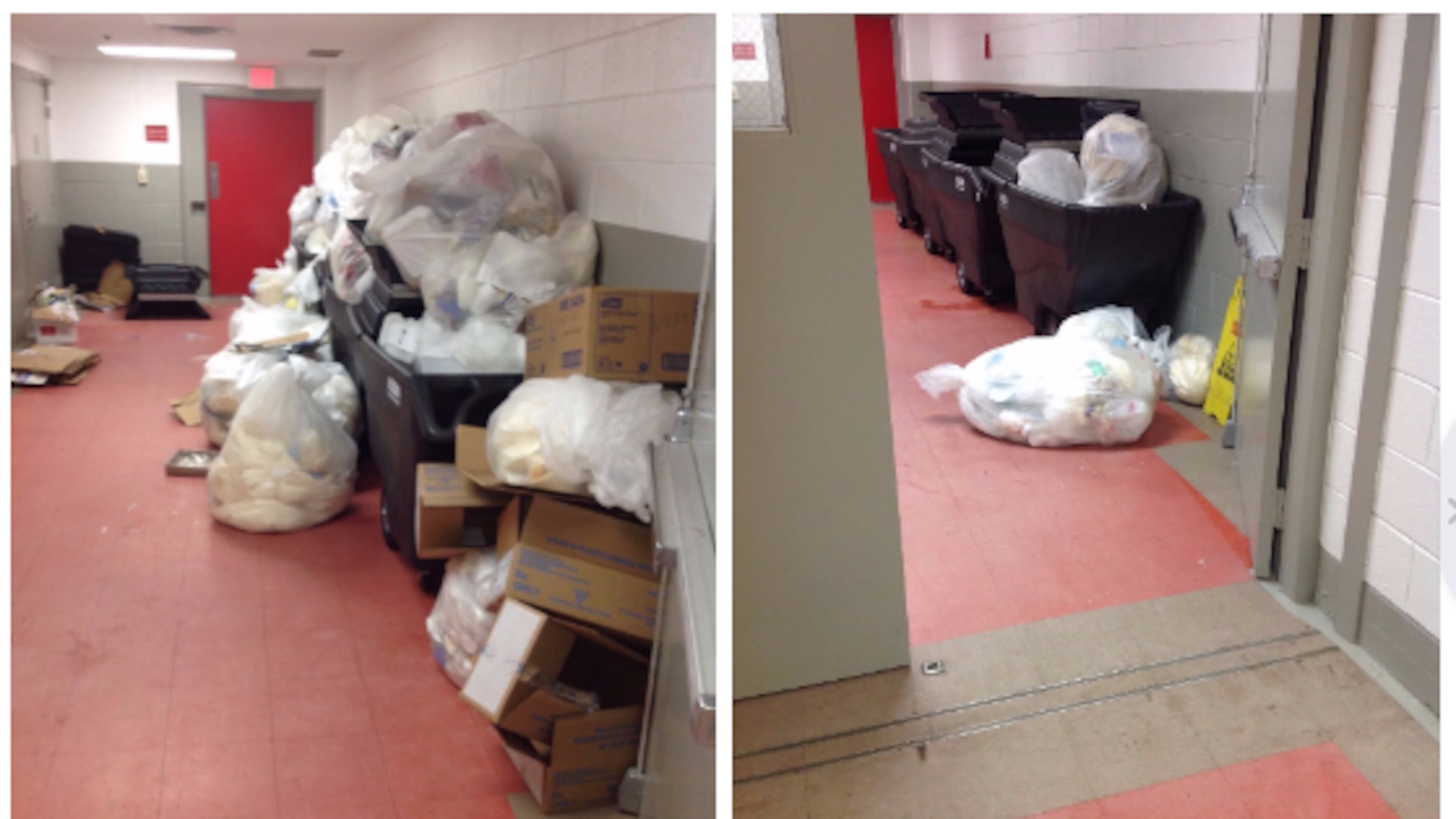 On Oct. 2, (left) trash was piled up outside the operating room at Augusta State Medical prison. Two weeks later, (right) the problem remained despite complaints from the medical director.