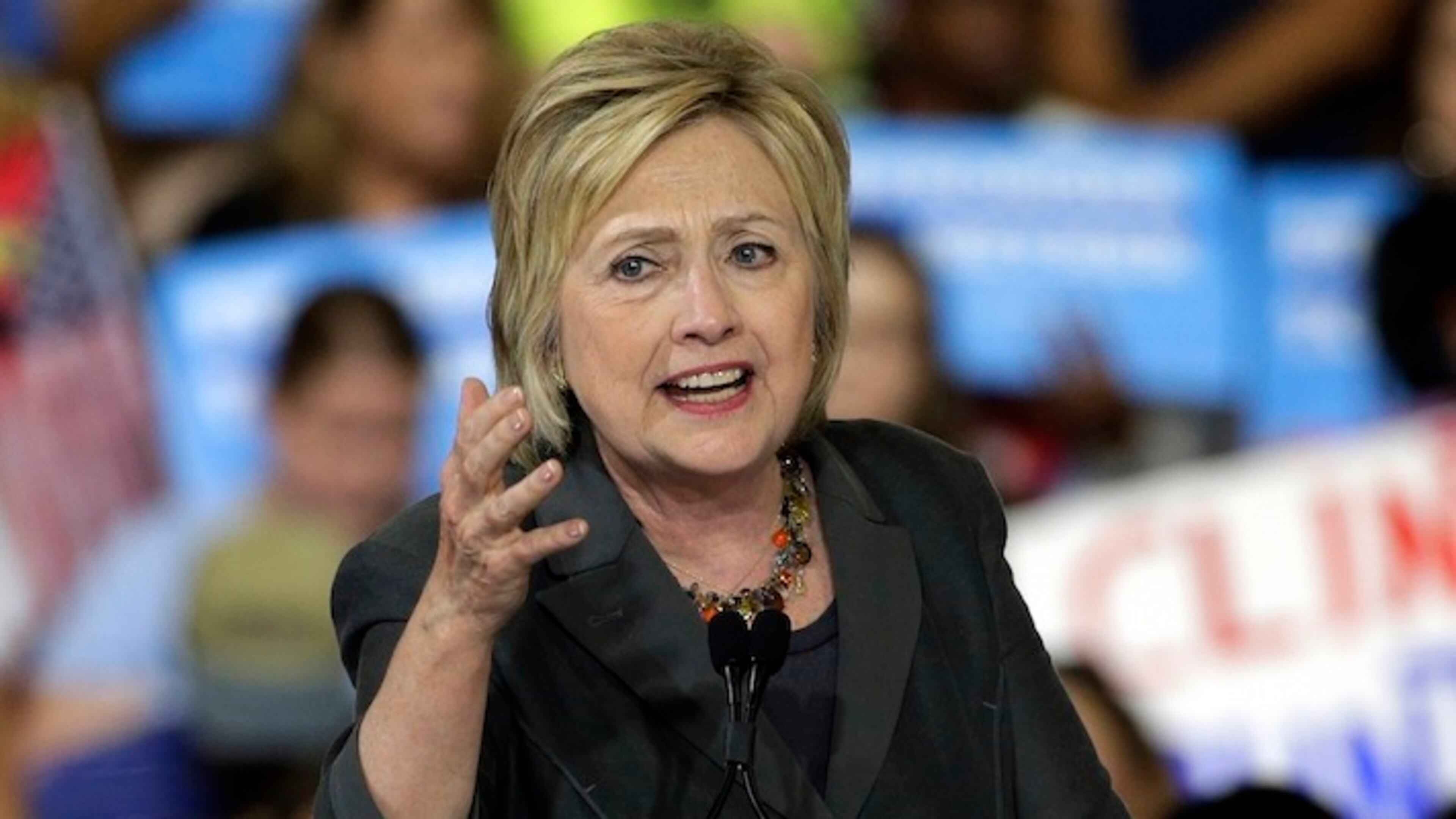 Democratic presidential candidate Hillary Clinton gestures as she speaks during a rally in Raleigh, N.C., Wednesday, June 22, 2016. (AP Photo/Chuck Burton)
