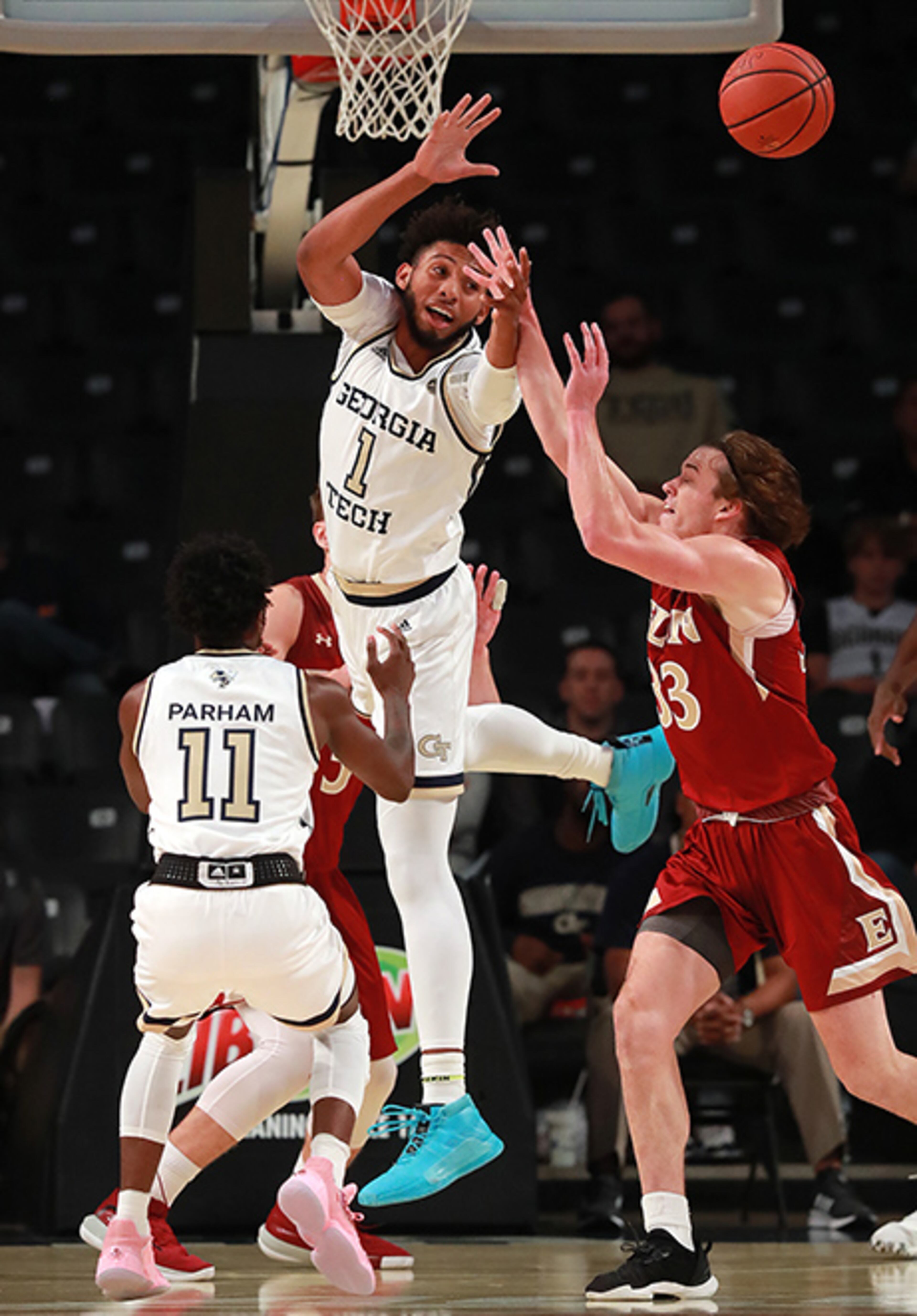 Georgia Tech forward James Banks blocks a shot by Elon forward Simon Wright during the first half Monday, Nov. 11, 2019, at McCamish Pavilion in Atlanta.