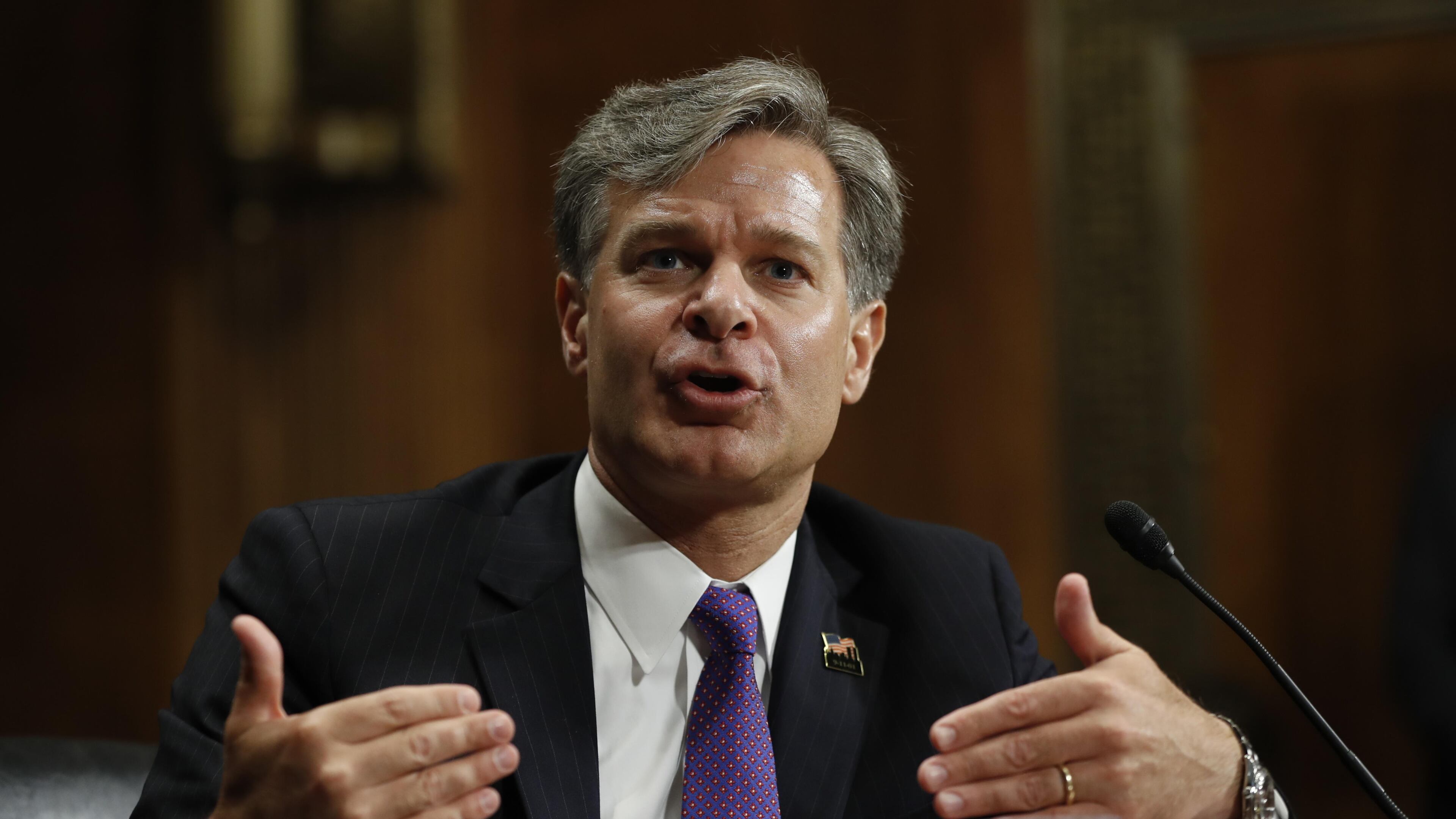 In this July 12, 2017 file photo, FBI Director nominee Christopher Wray testifies on Capitol Hill in Washington at his confirmation hearing before the Senate Judiciary Committee. The Senate is slated to vote Tuesday, Aug. 1, 2017, evening on the nomination of Wray. The former Justice Department official won unanimous support from the Judiciary Committee last month, with Republicans and Democrats praising his promise never to let politics get in the way of the bureau's mission.