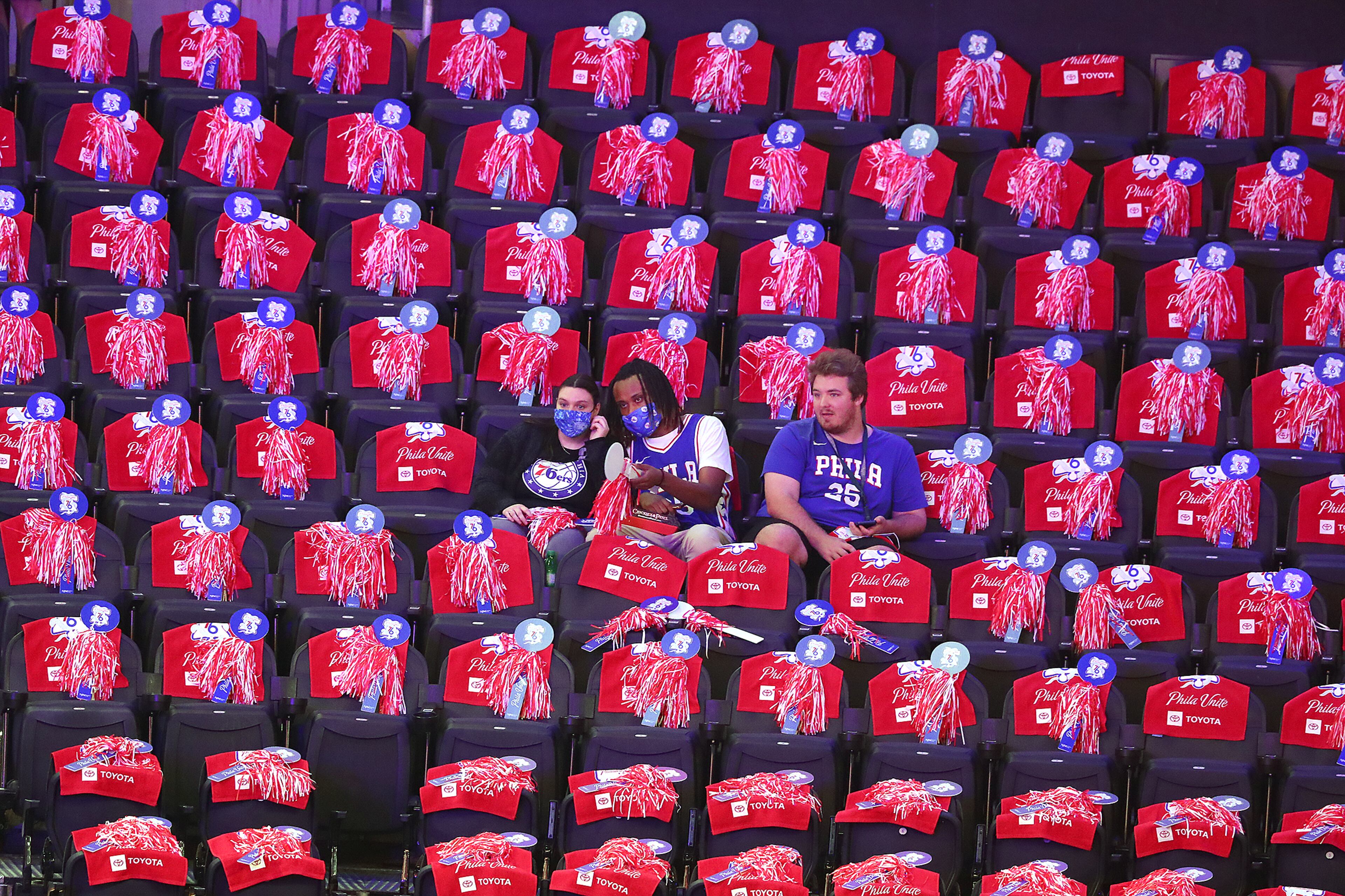 Rally towels and pom poms cover the seats for Philadelphia 76ers fans as they arrive to watch their team play the Atlanta Hawks in game 5 of their NBA Eastern Conference semifinals series on Wednesday, Jun 16, 2021, in Philadelphia.