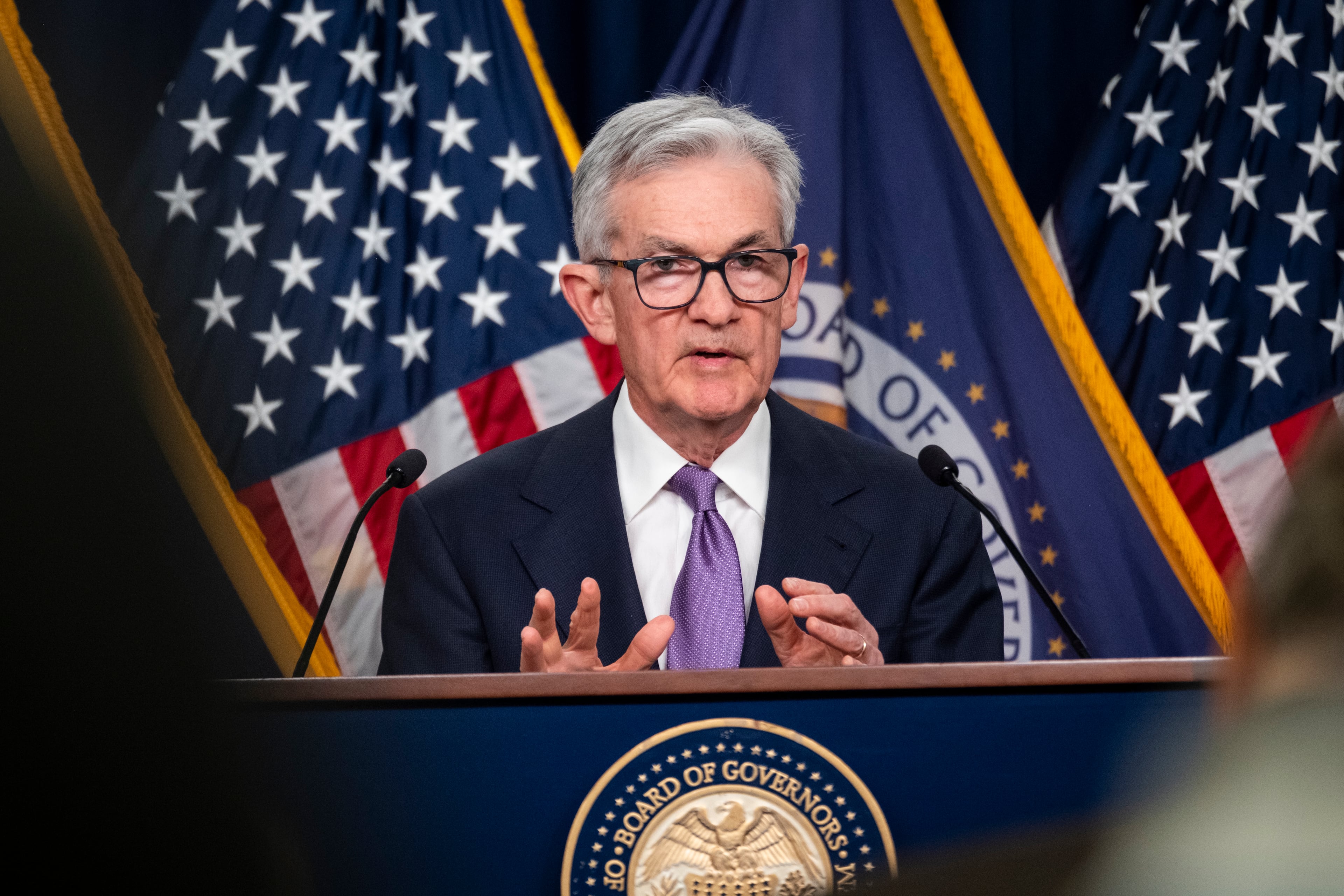 FILE — Federal Reserve Chairman Jerome Powell speaks in Washington, on Dec. 13, 2023. It seemed like central bankers were about to pull off a rare economic soft landing, cooling inflation without tanking the economy. (Pete Marovich/The New York Times)