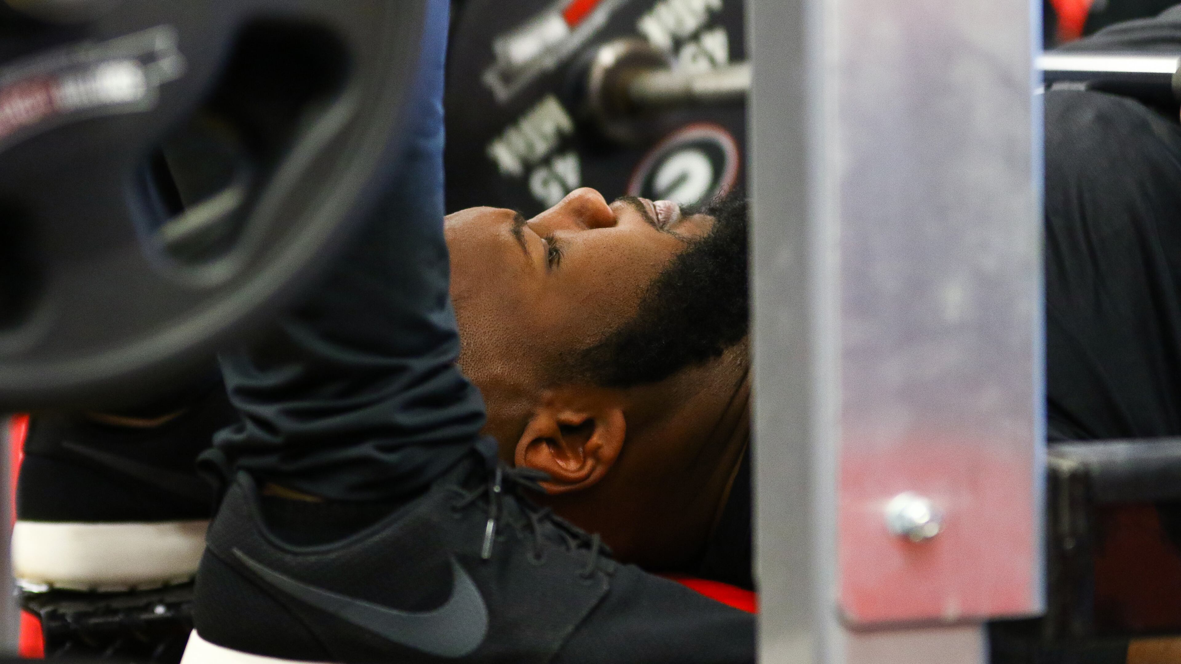 Georgia defensive lineman Jay Hayes takes part in the bench press during Georgia's Pro Day Wednesday, March 20, 2019, in Athens.