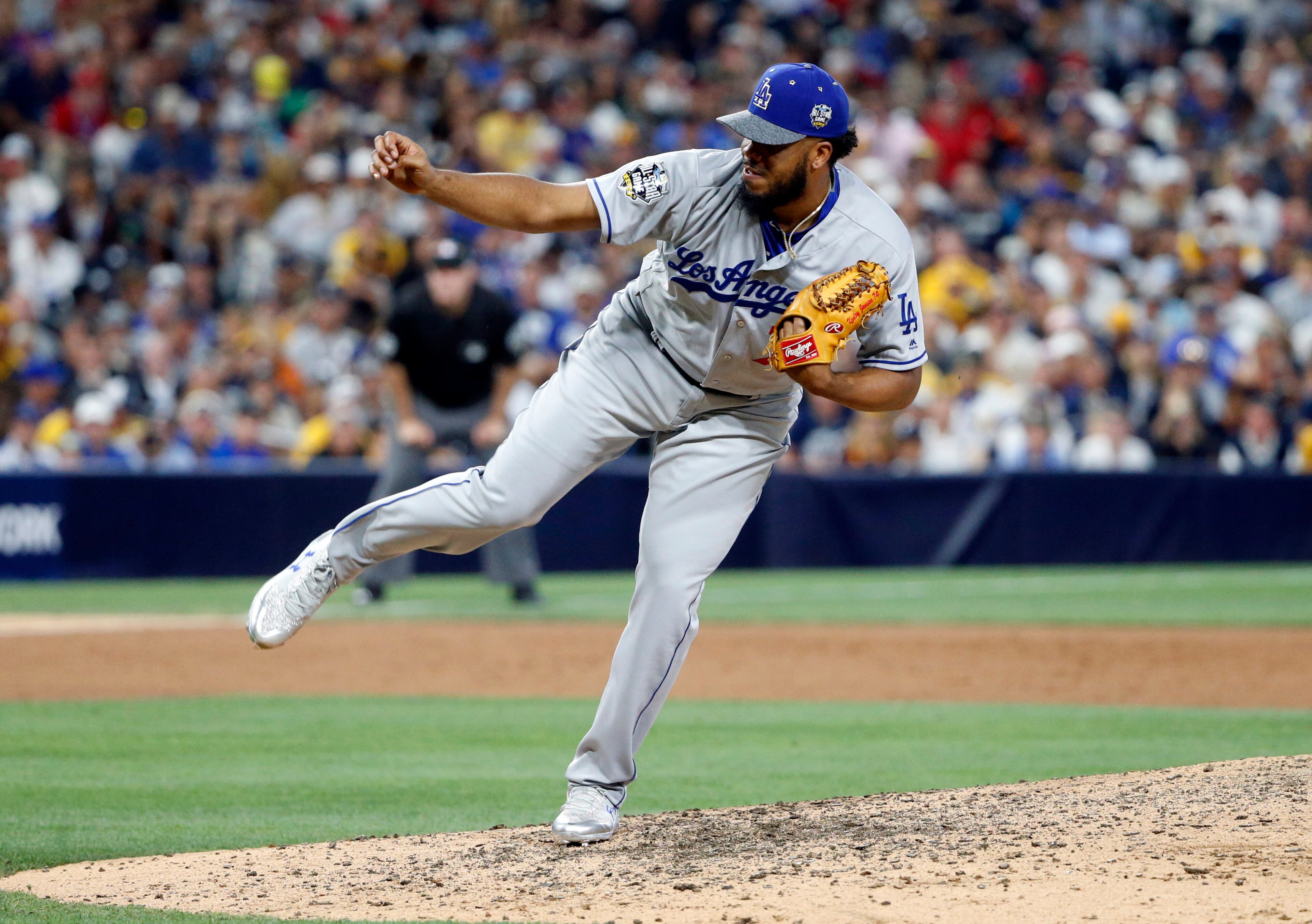 National League's Kenley Jansen, of the Los Angeles Dodgers, throws during the MLB baseball All-Star Game, Tuesday, July 12, 2016, in San Diego. (AP Photo/Lenny Ignelzi)