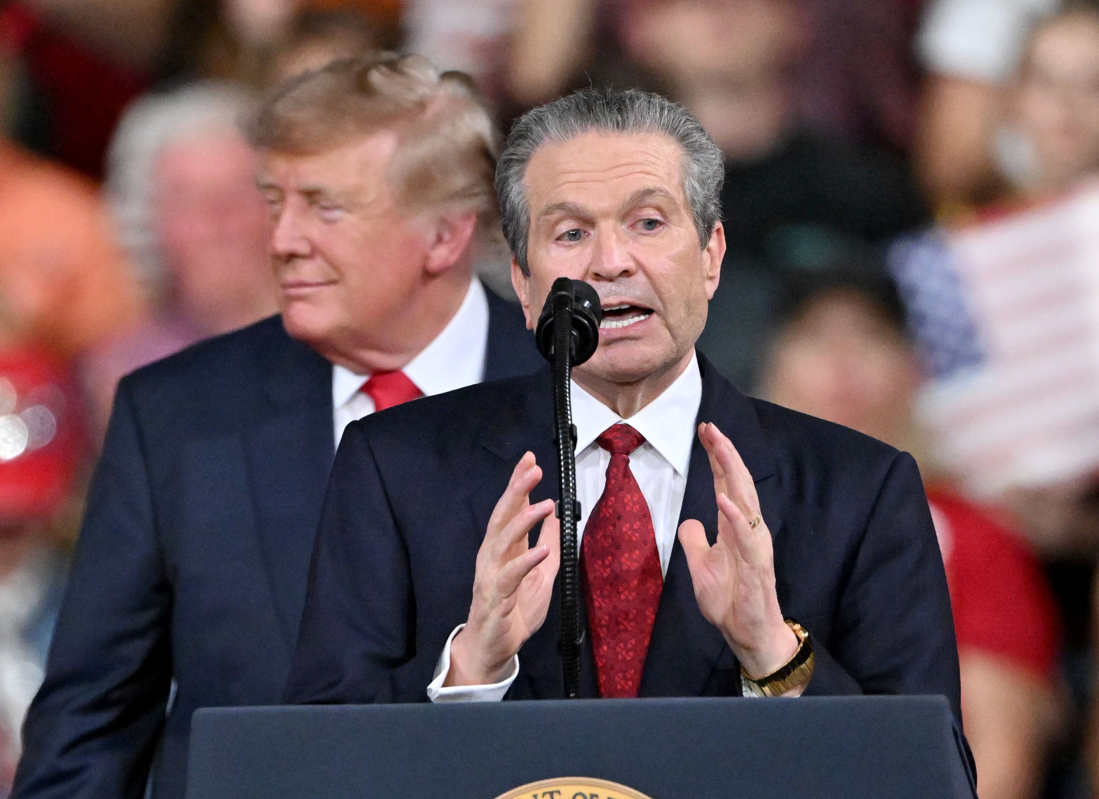 Georgia Republican governor nominee Rick Jackson speaks as President Donald Trump stands beside him during a midterm campaign rally at Guardian Centers on Saturday, Oct. 24, 2026, in Perry. (Hyosub Shin/AJC)