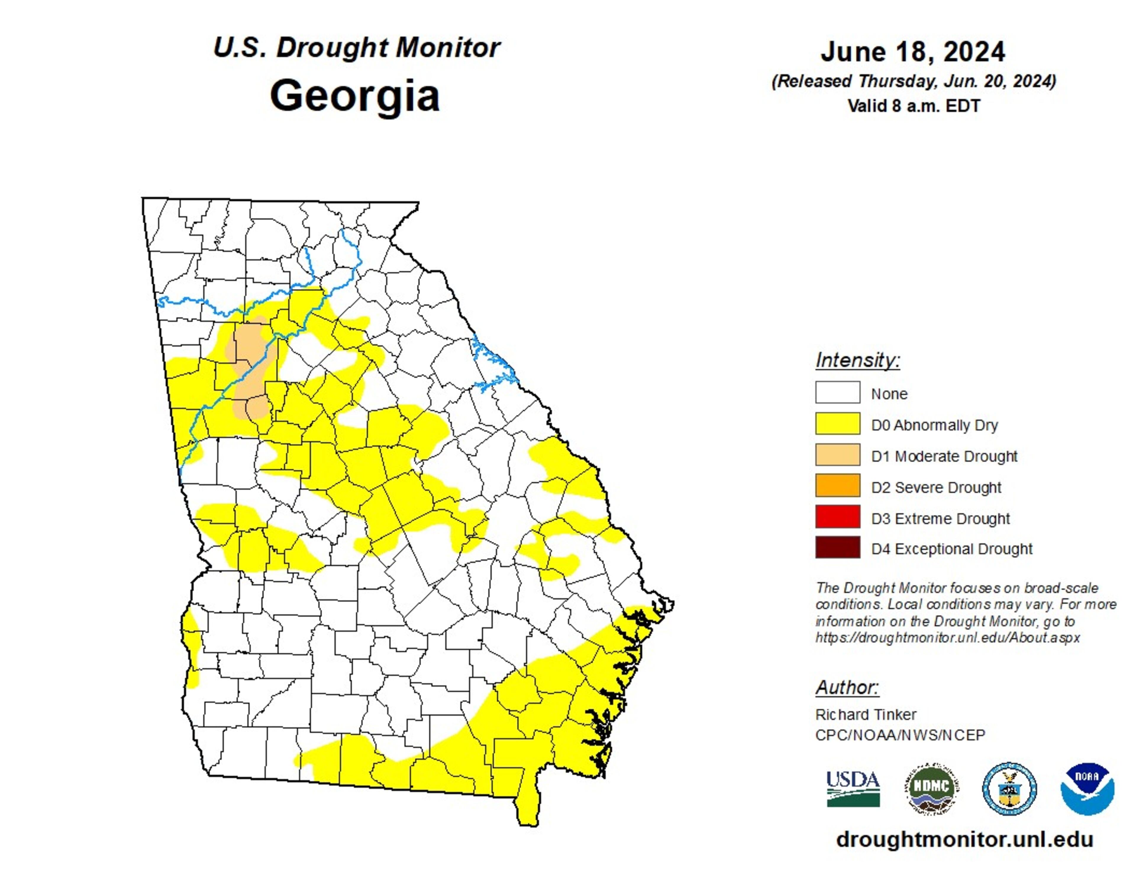 The U.S. Drought Monitor released on June 20, 2024 shows an expansion of abnormally dry conditions and some moderate drought developing in Georgia.