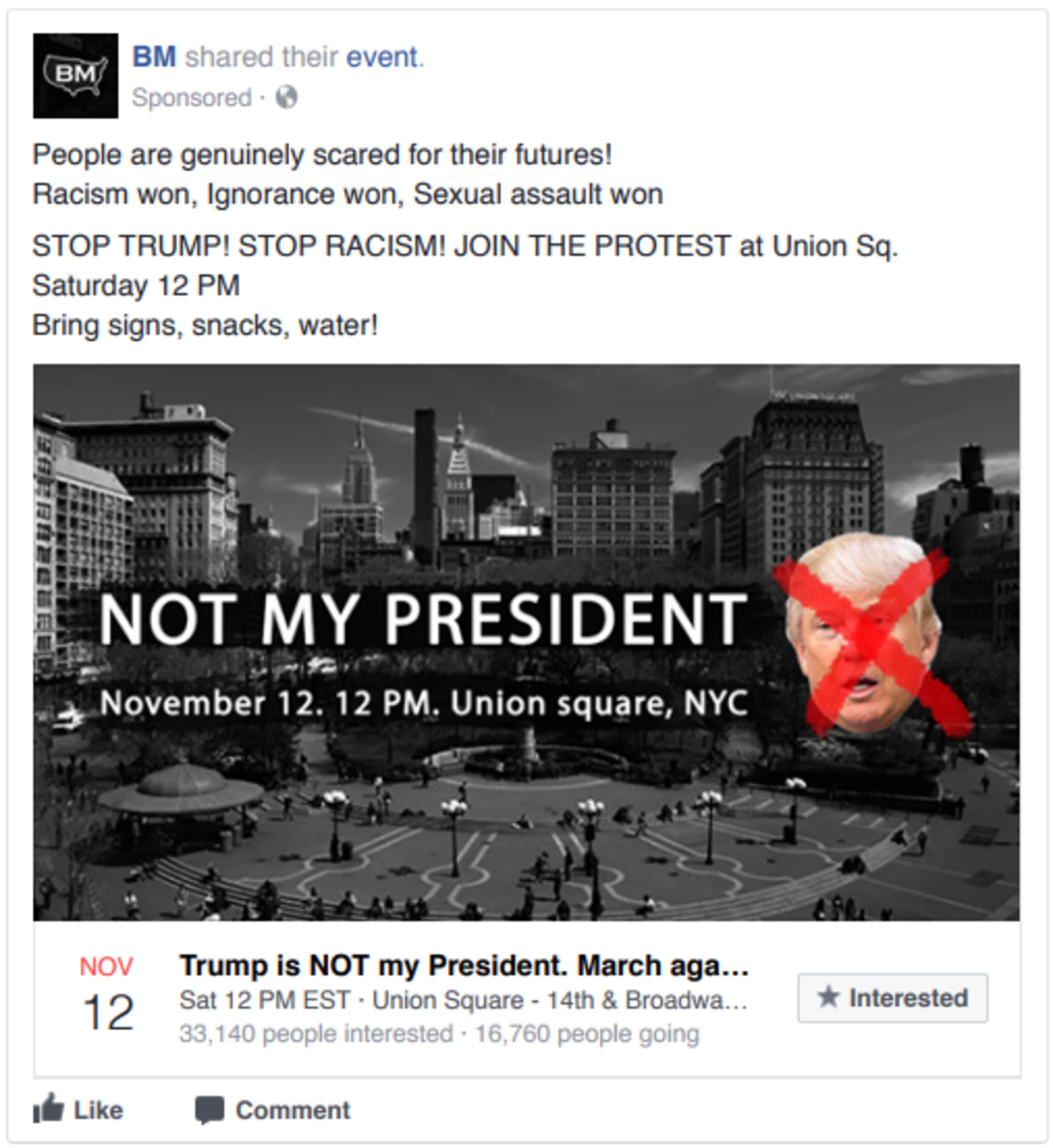 A Russian ad promotes a Russian-made event following the election of President Donald Trump. The ad targets Black Lives Matter supporters.