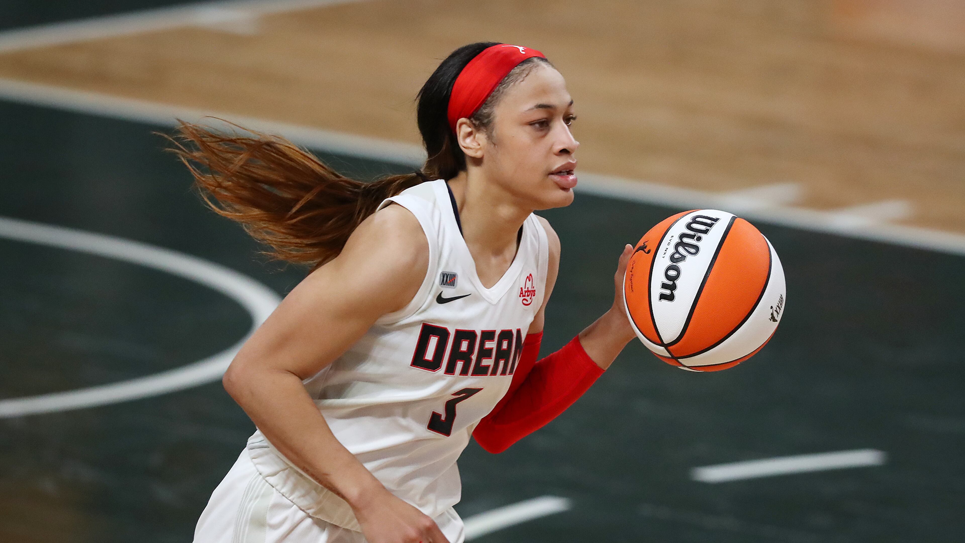 Dream guard Chennedy Carter drives against the Chicago Sky on Wednesday, May 19, 2021, in College Park. “Curtis Compton / Curtis.Compton@ajc.com”