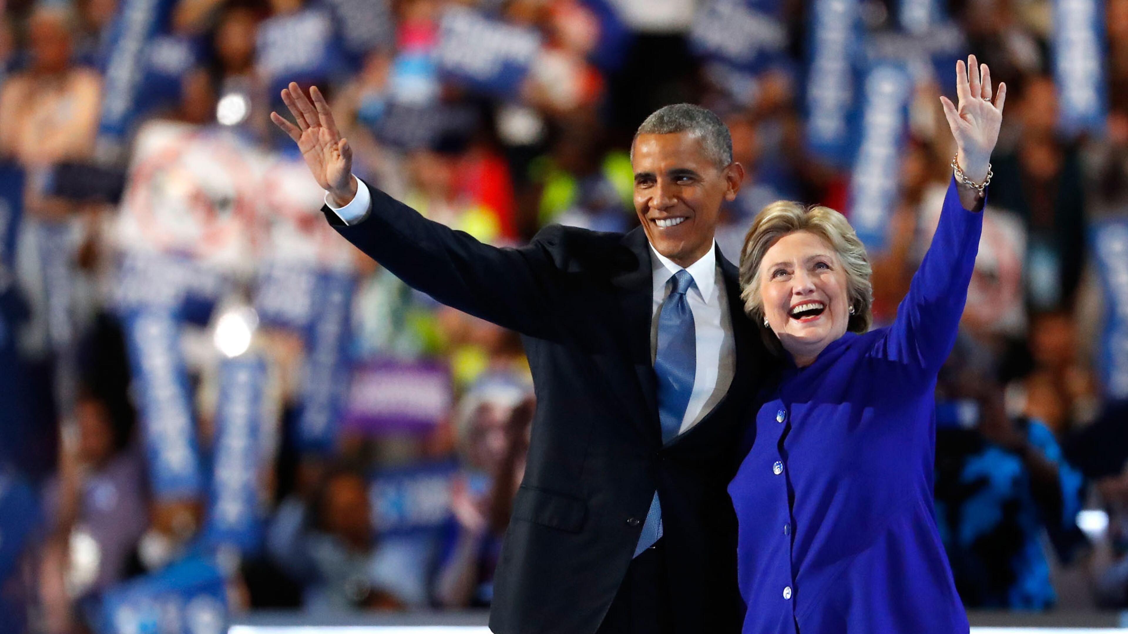 President Barack Obama with Hillary Clinton during the Democratic National Convention in July. (Photo by Aaron P. Bernstein/Getty Images)