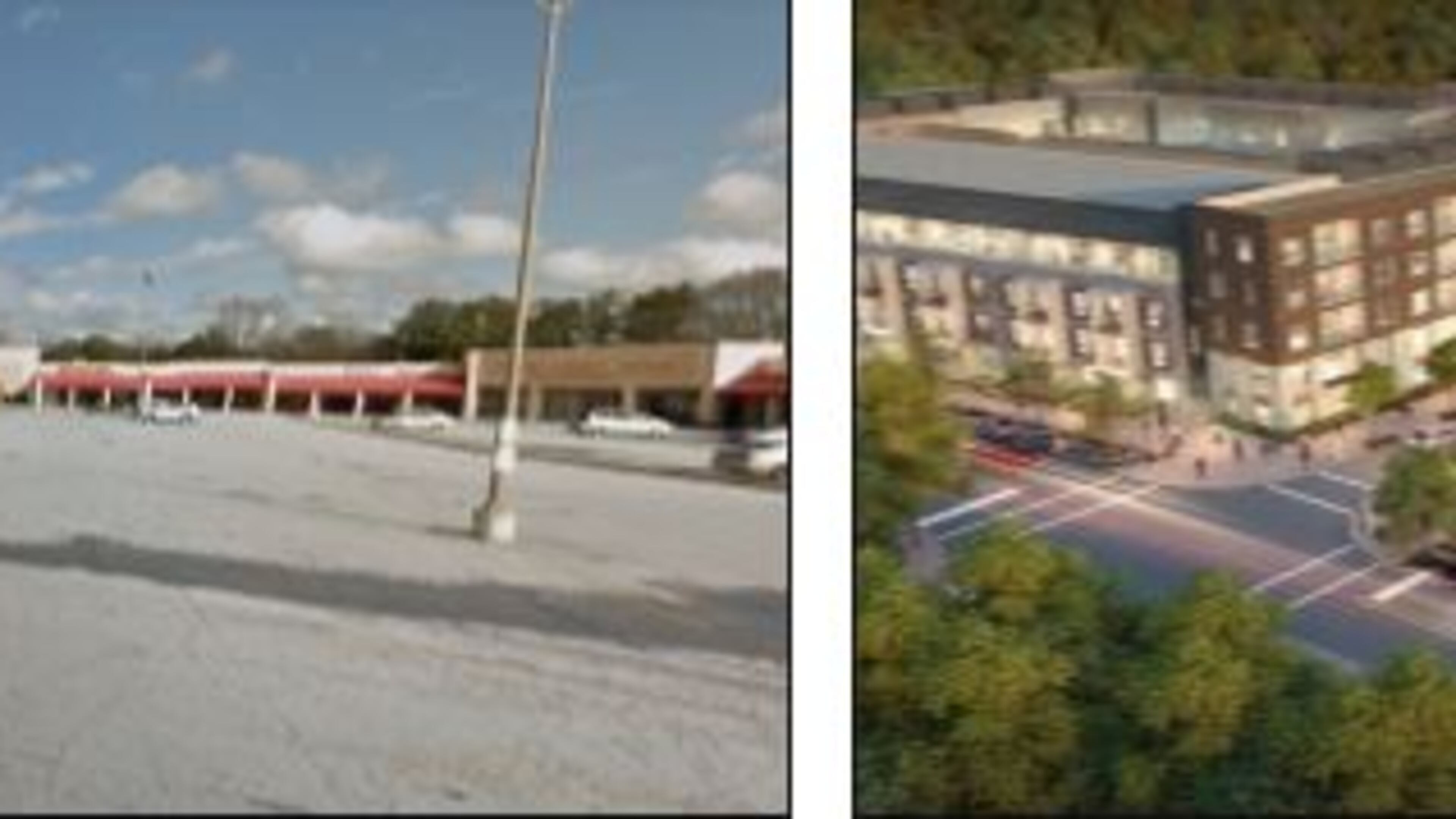 The I-20 East TOD Strategic Plan has been envisioned to help transform this proposed transit station site on Covington Highway (left) into vibrant and livable spaces like this development (right) under construction at Edgewood/Candler Park MARTA station. CONTRIBUTED
