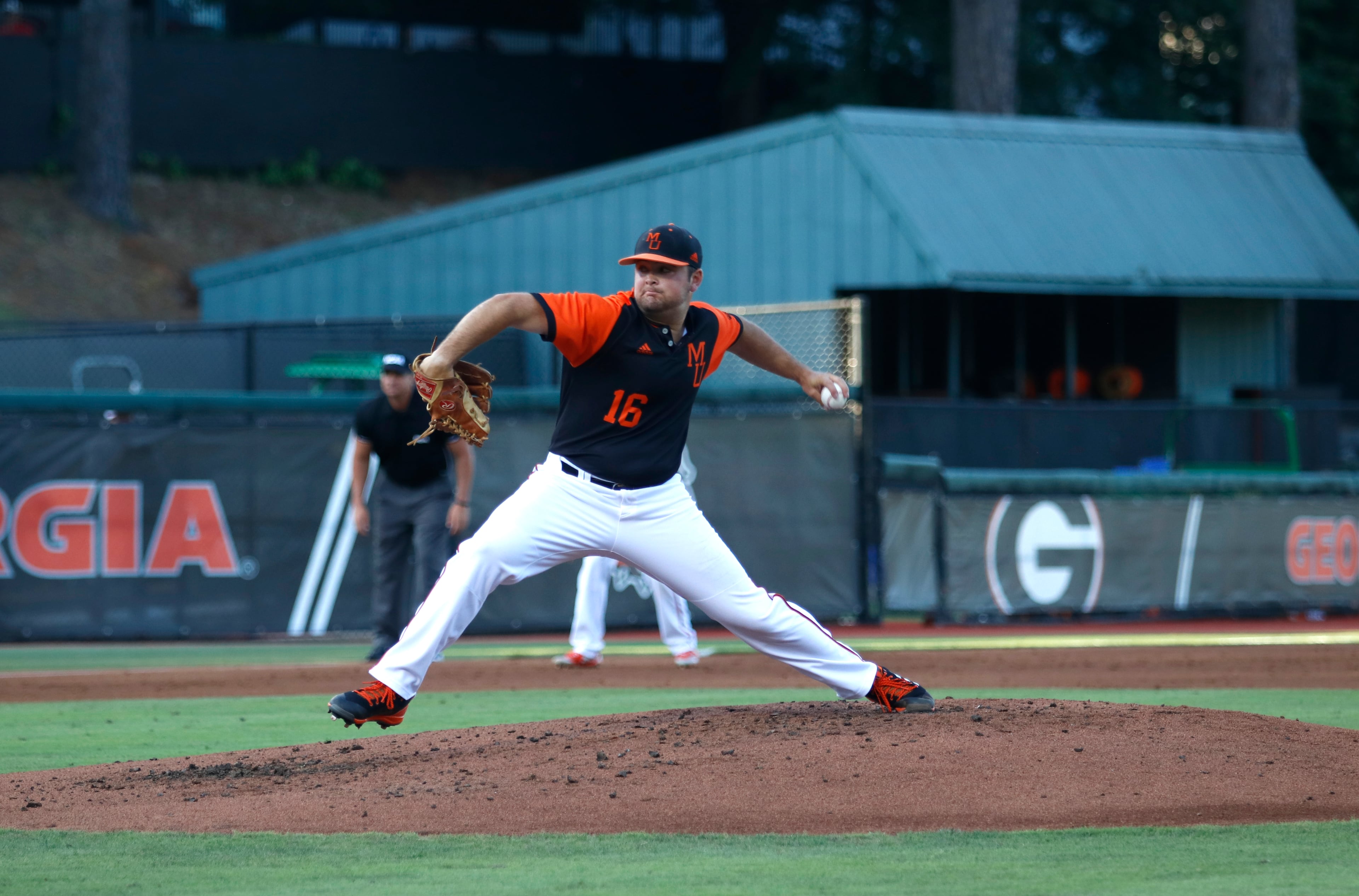Mercer pitcher (16) Tanner Hall starts on the mound for the Mercer Bears. The Georgia Bulldogs take on the Mercer Bears in the first round of the NCAA regional playoffs on May 31, 2019 in Athens, Georgia. (Daniela Rico/ The Red & Black)