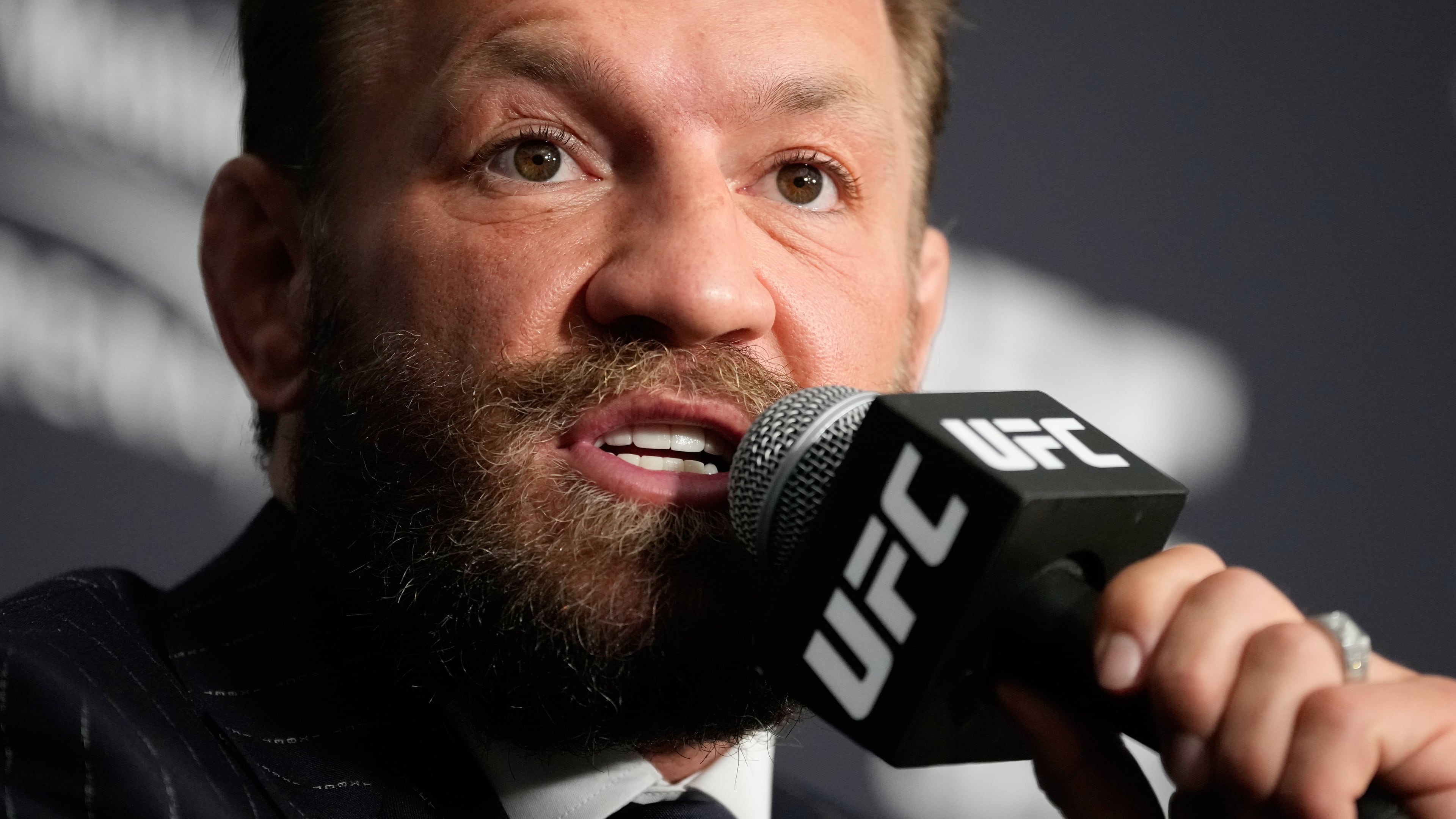 Conor McGregor speaks during a news conference for the UFC 329 mixed martial arts event Wednesday, July 8, 2026, in Las Vegas. (AP Photo/John Locher)