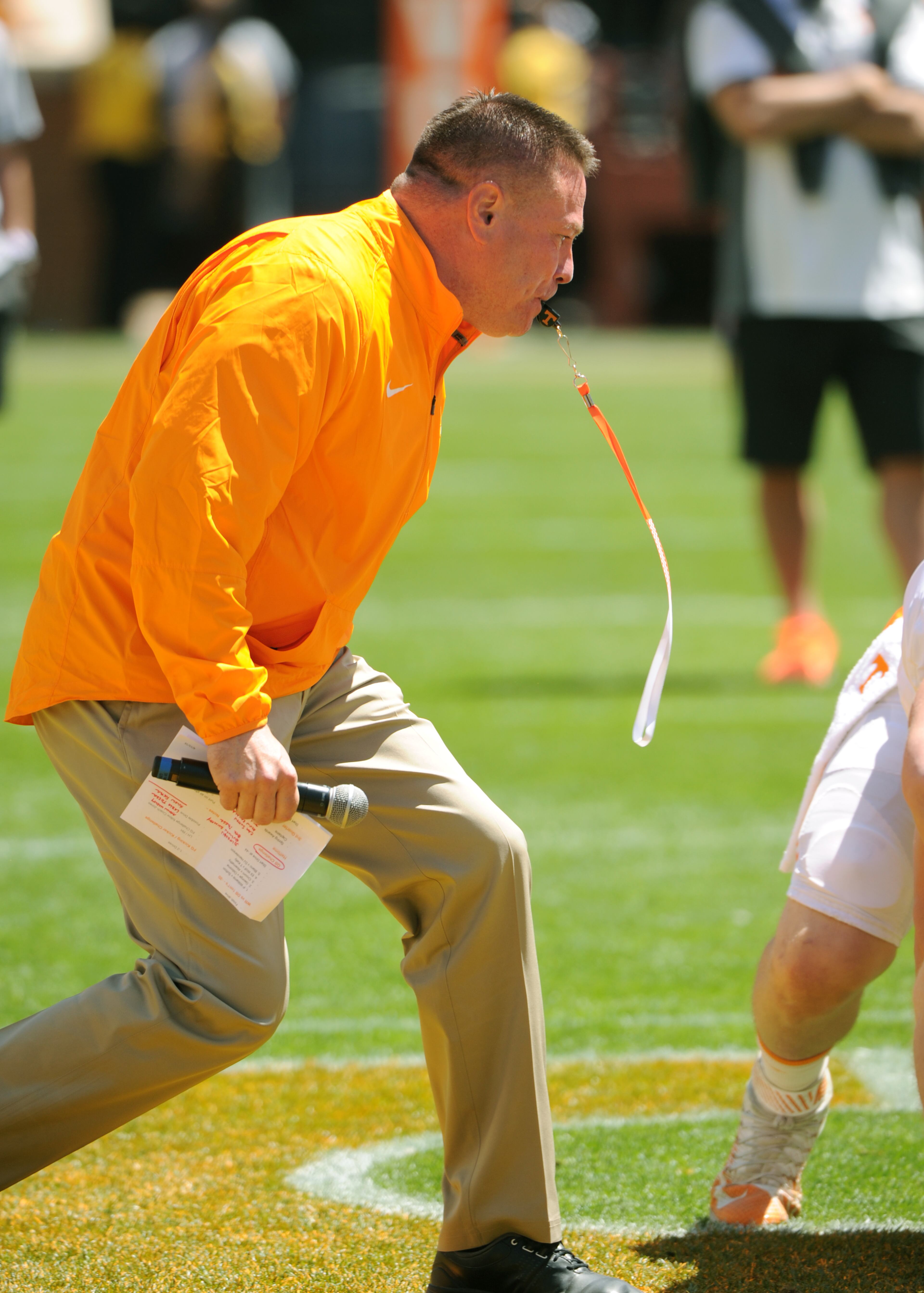 Tennessee head football coach Butch Jones blows his whistle during an NCAA college football spring game in Knoxville, Tenn., Saturday, April 16, 2016. (Michael Patrick/Knoxville News Sentinel via AP)