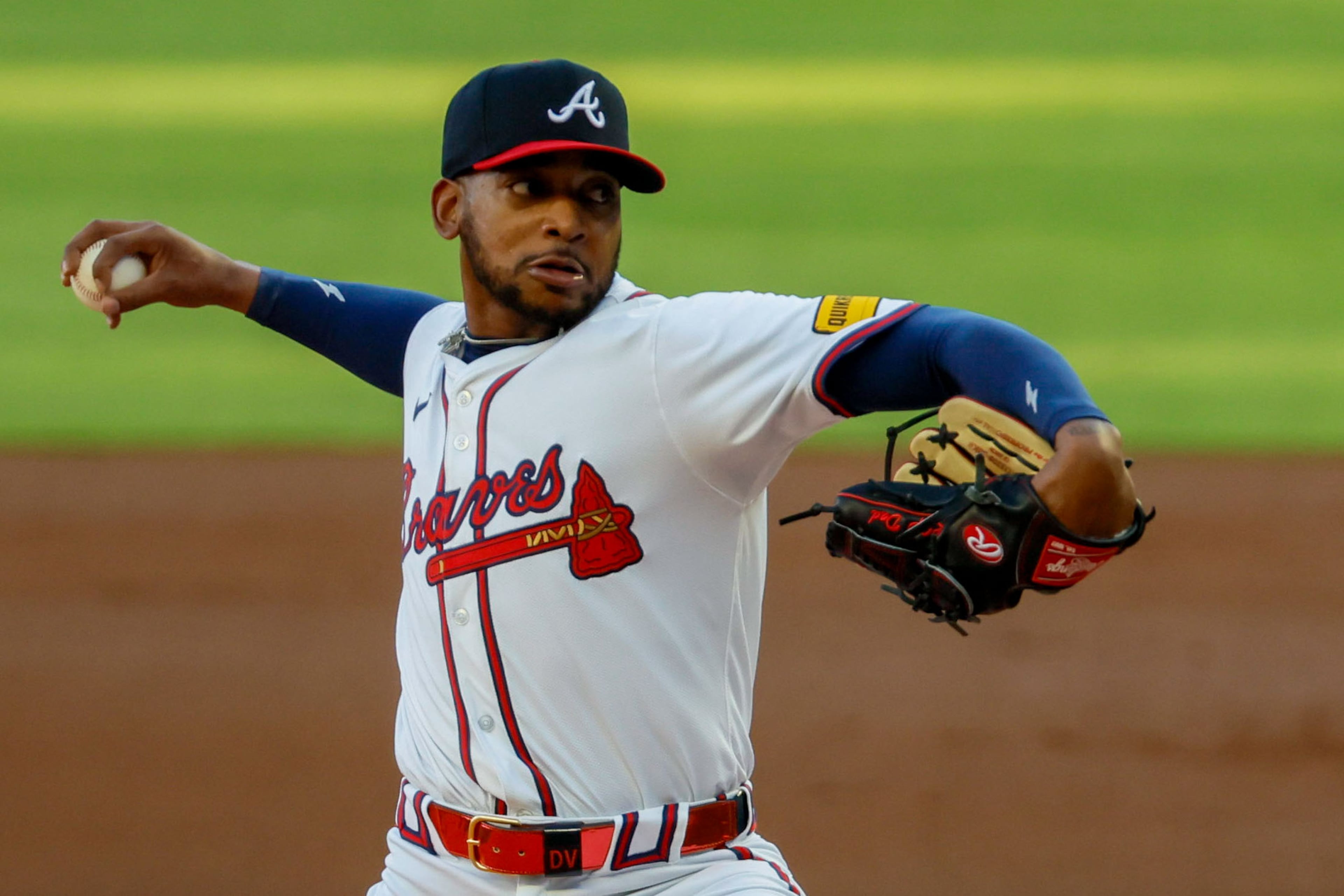 Braves starting pitcher Darius Vines delivers to a Texas Ranger batter during the first inning at Truist Park on Sunday, April 21, 2024.
(Miguel Martinez/ AJC)