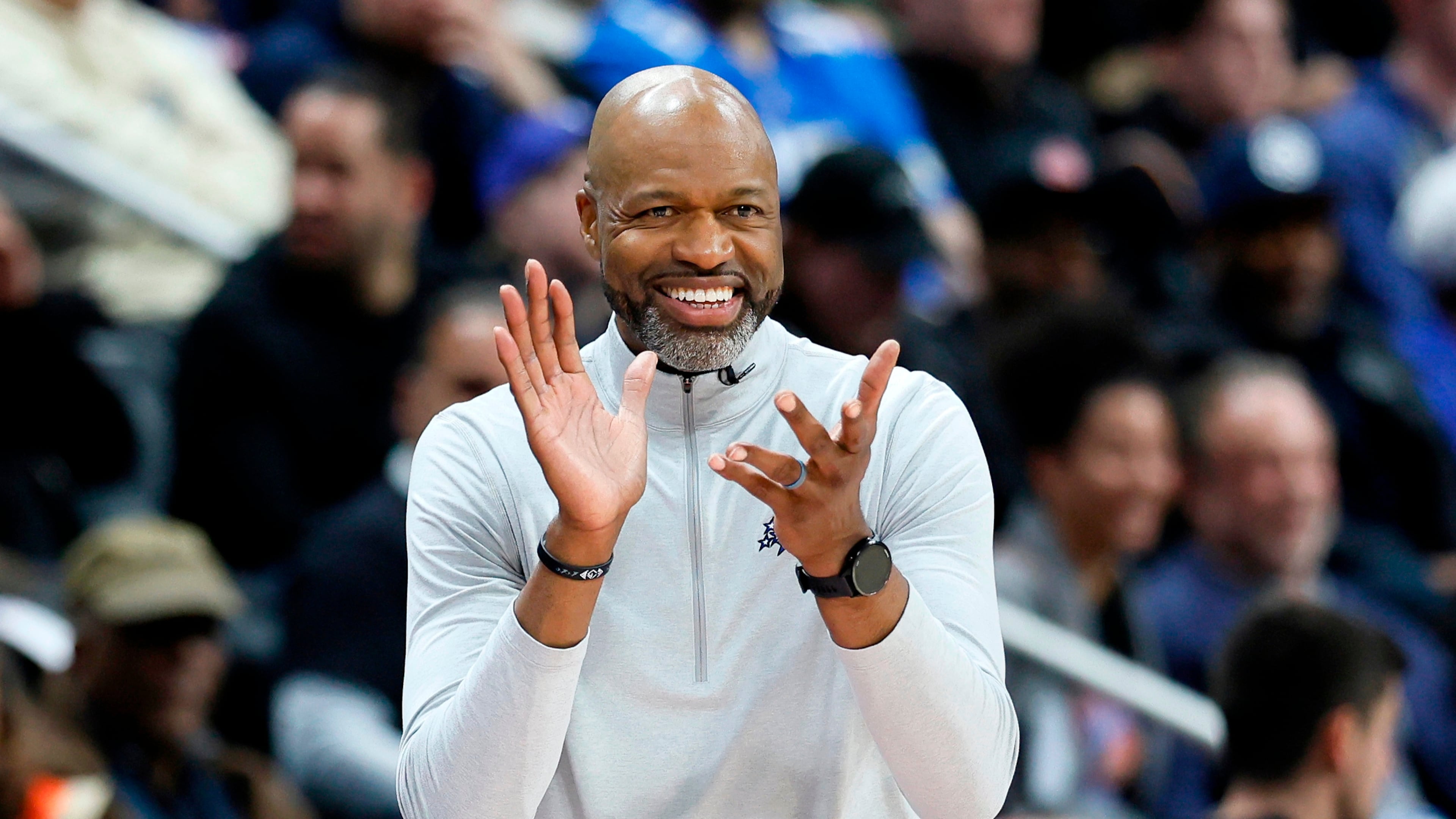 Orlando Magic head coach Jamahl Mosley cheers on his team during the first half in Game 5 of a first-round NBA basketball playoffs series against the Detroit Pistons Wednesday, April 29, 2026, in Detroit. (AP Photo/Duane Burleson)