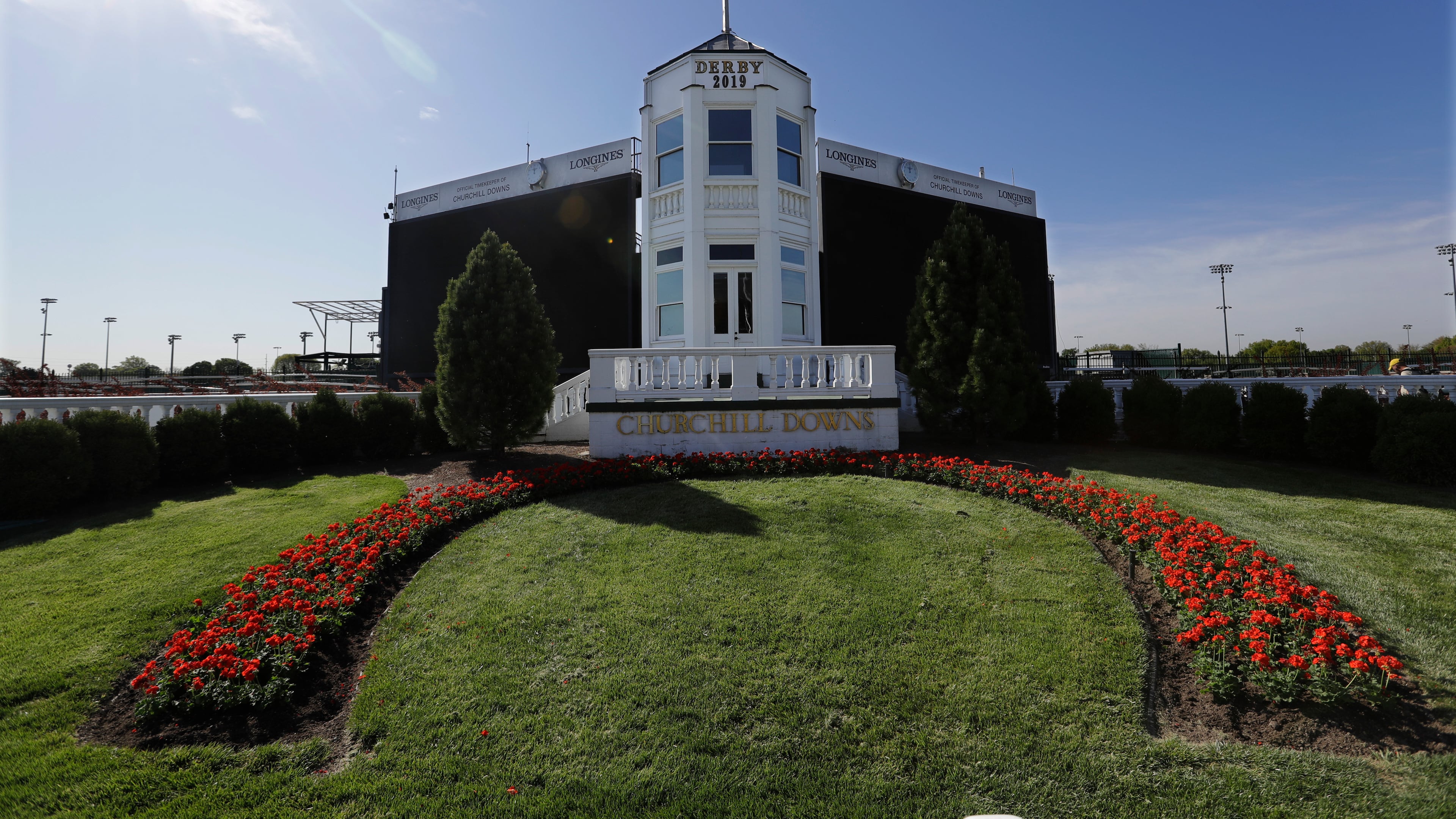 FILE - The winners circle at Churchill Downs sits empty, Wednesday, April 22, 2020, in Louisville, Ky. (AP Photo/Darron Cummings, File)