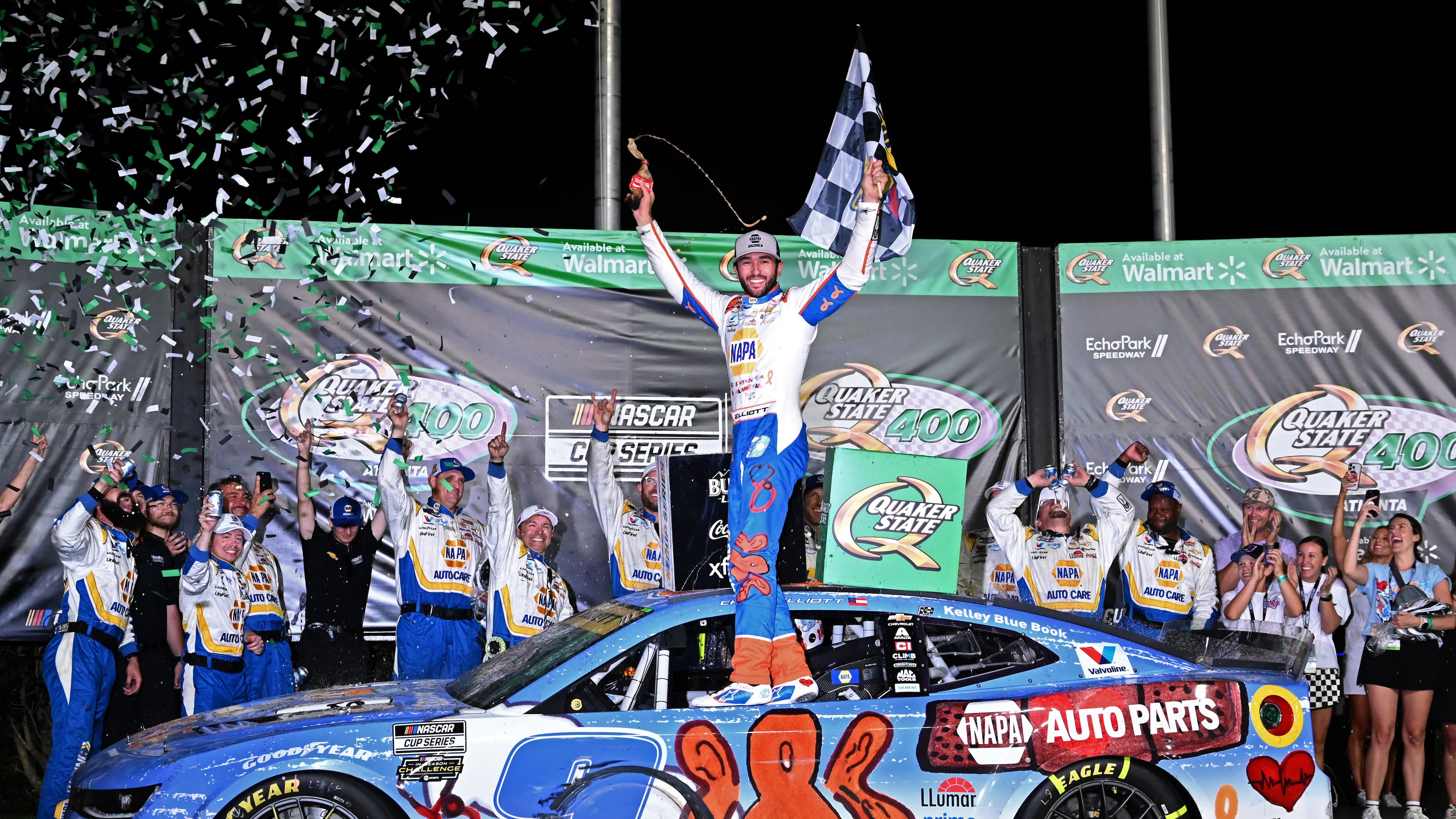 NASCAR Cup Series driver Chase Elliott, pictured here in June 2025, will run a paint scheme designed by two Children's Healthcare of Atlanta patients at next month's Quaker State 400. (Hyosub Shin/AJC)