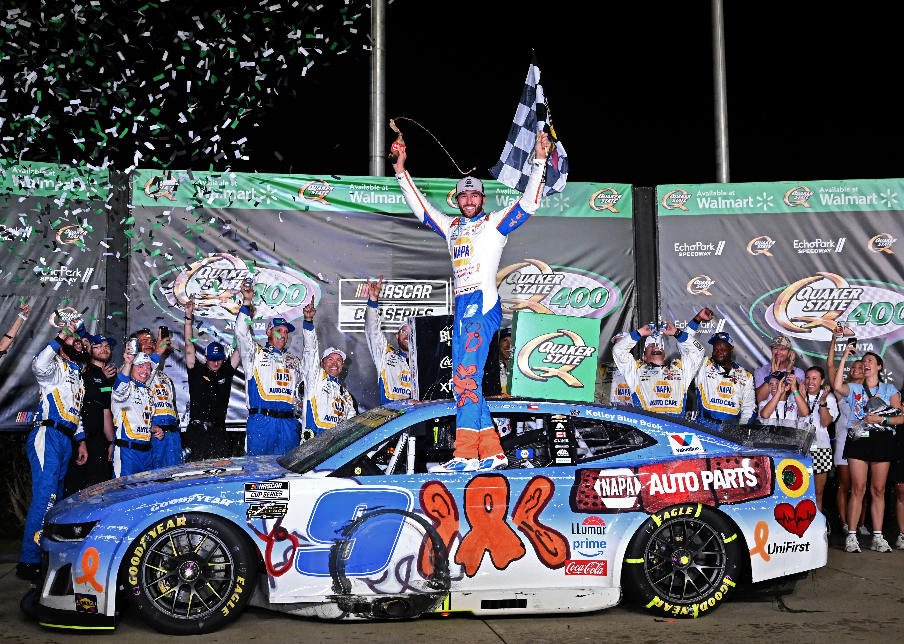 Awesome Chase from Dawson ... ville celebrates his dramatic win at EchoPark Speedway in Hampton.