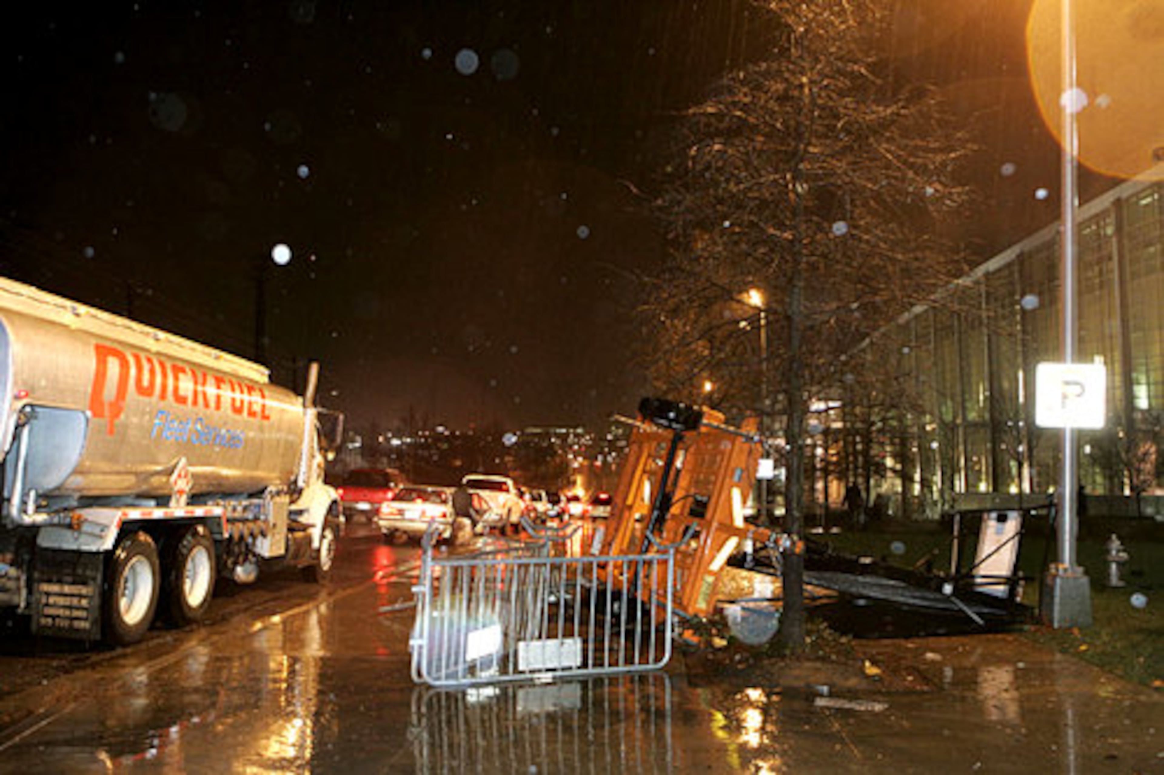 Barricades are overturned in front of the Georgia World Congress Center, next to the Georgia Dome.