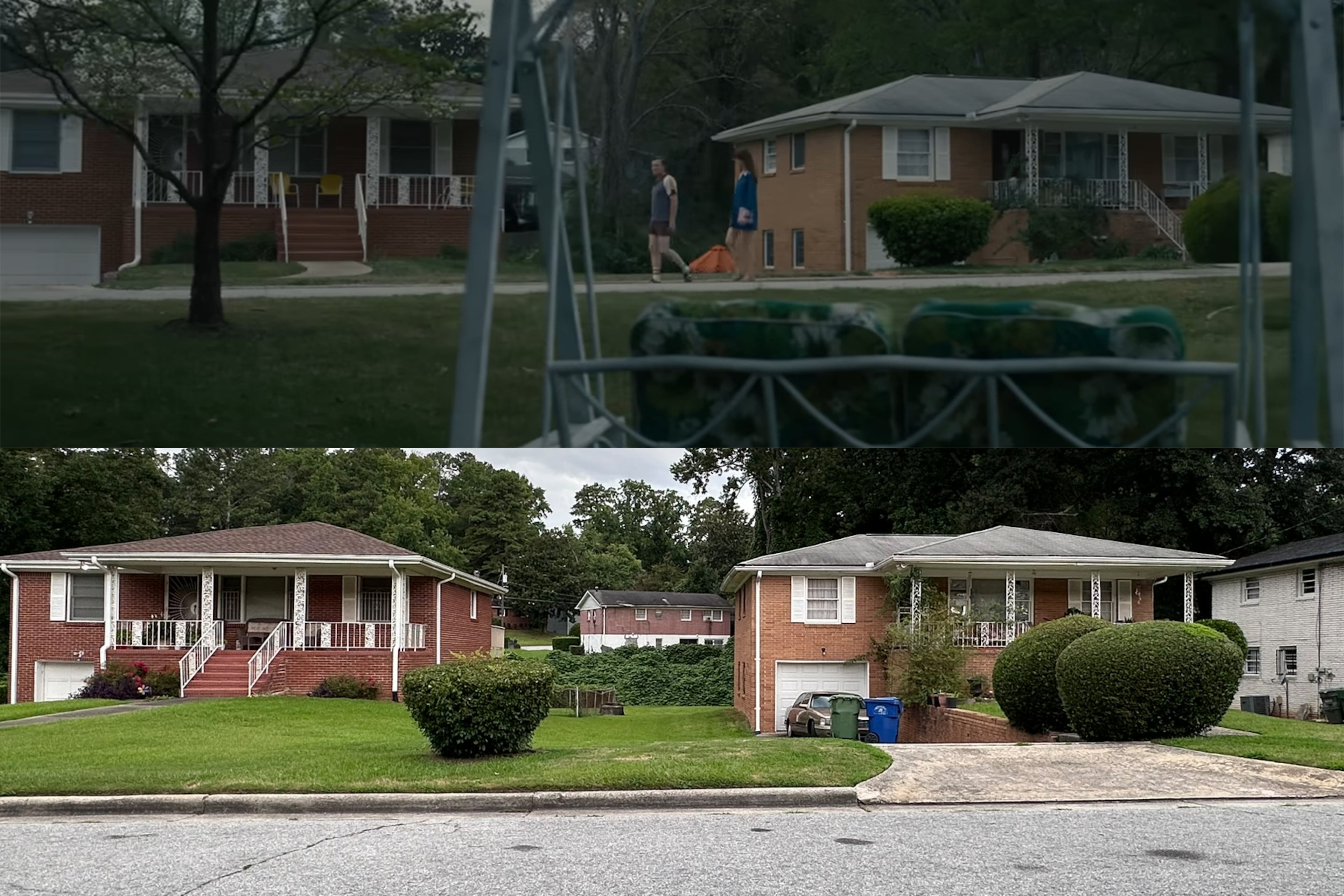 An image from the trailer of "The End of Oak Street" on Wisteria Lane in Southwest Atlanta (above)in 2024 and an image of the homes below taken Aug. 11, 2026. (Credit: Top, Courtesy of Warner Brothers, bottom, Rodney Ho/AJC)