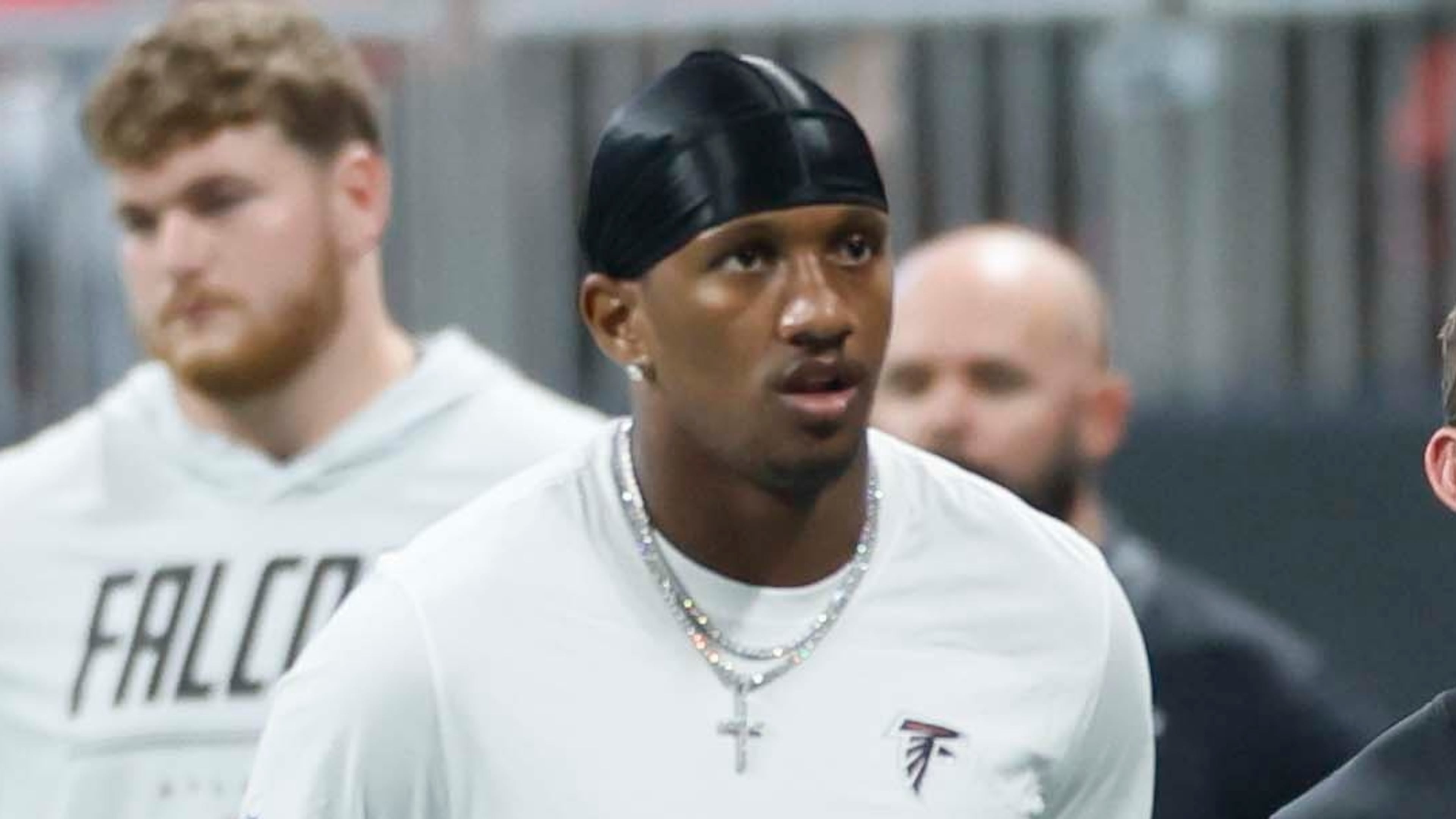Atlanta Falcons quarterback Michael Penix Jr. looks on as his team fails to get offensive plays in the second half of an NFL game against the Carolina Panthers at Mercedes-Benz Stadium in Atlanta on Sunday, Sept. 20, 2026. (Miguel Martinez/AJC)